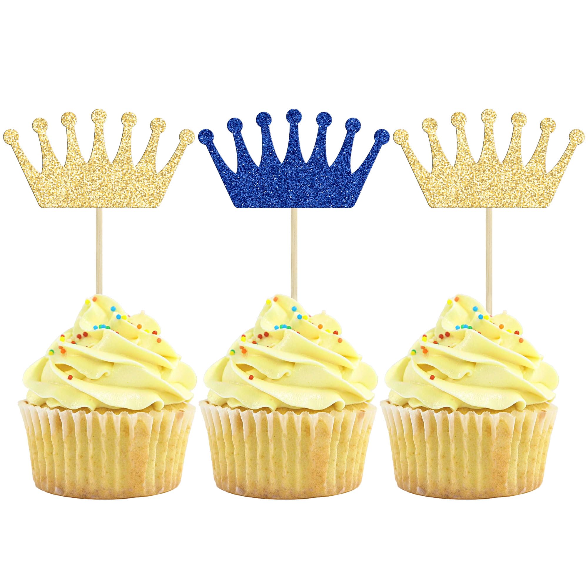 24 Stück Krone Cupcake-Topper – Blau Glitzernd, Für Prinz- Oder Königspartys, Ca. 10 Cm Hoch