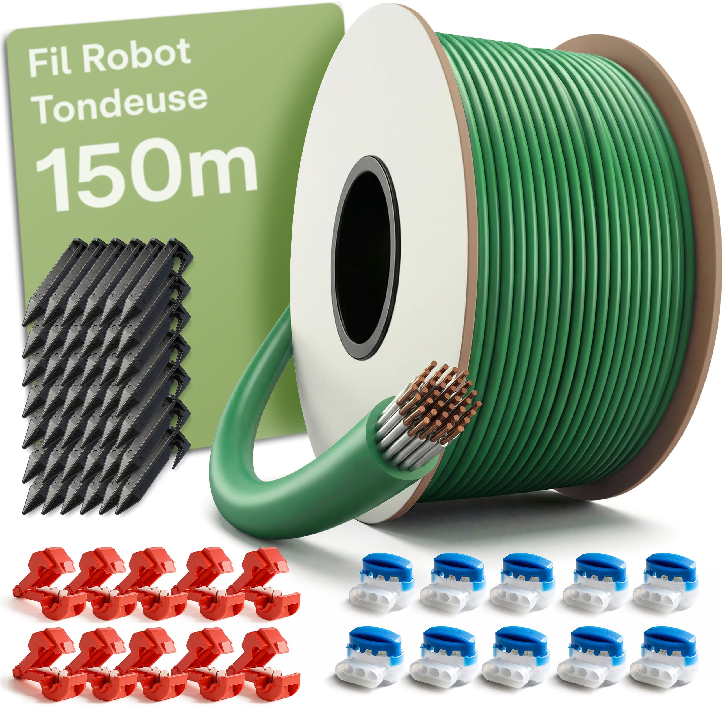 Praknu Kit Fil Robot Tondeuse (150 m) Cable Périphérique + Fil Tondeuse Robot – Avec 150 m de Cable Robot Tondeuse, Cable Peripherique & Connecteurs – Compatibilité Universelle pour Toutes les Marques