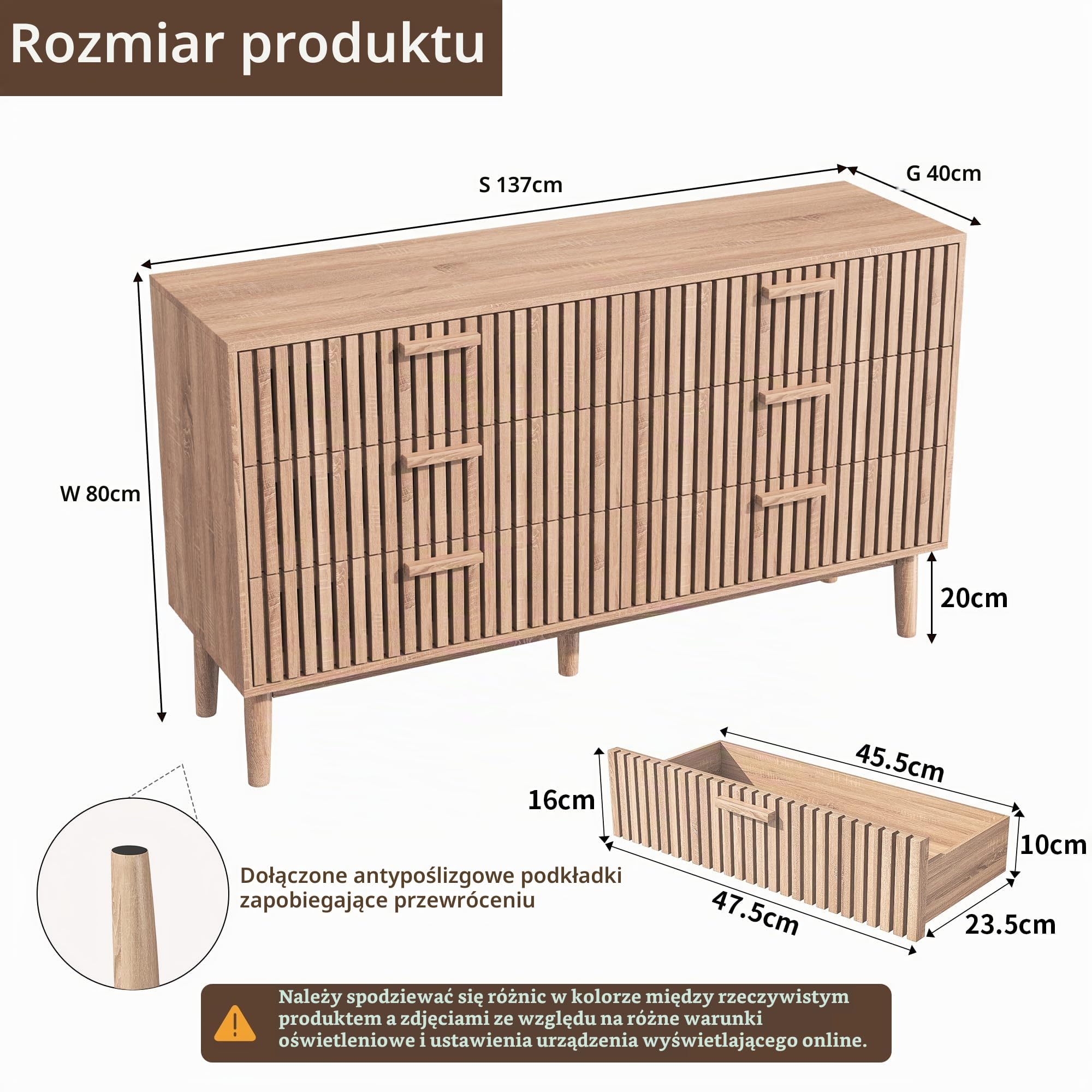 Komoda z 6 szufladami do sypialni, drewniana komoda ze zwężanymi nogami, styl boho, odpowiednia do sypialni i salonu (6 szuflad)