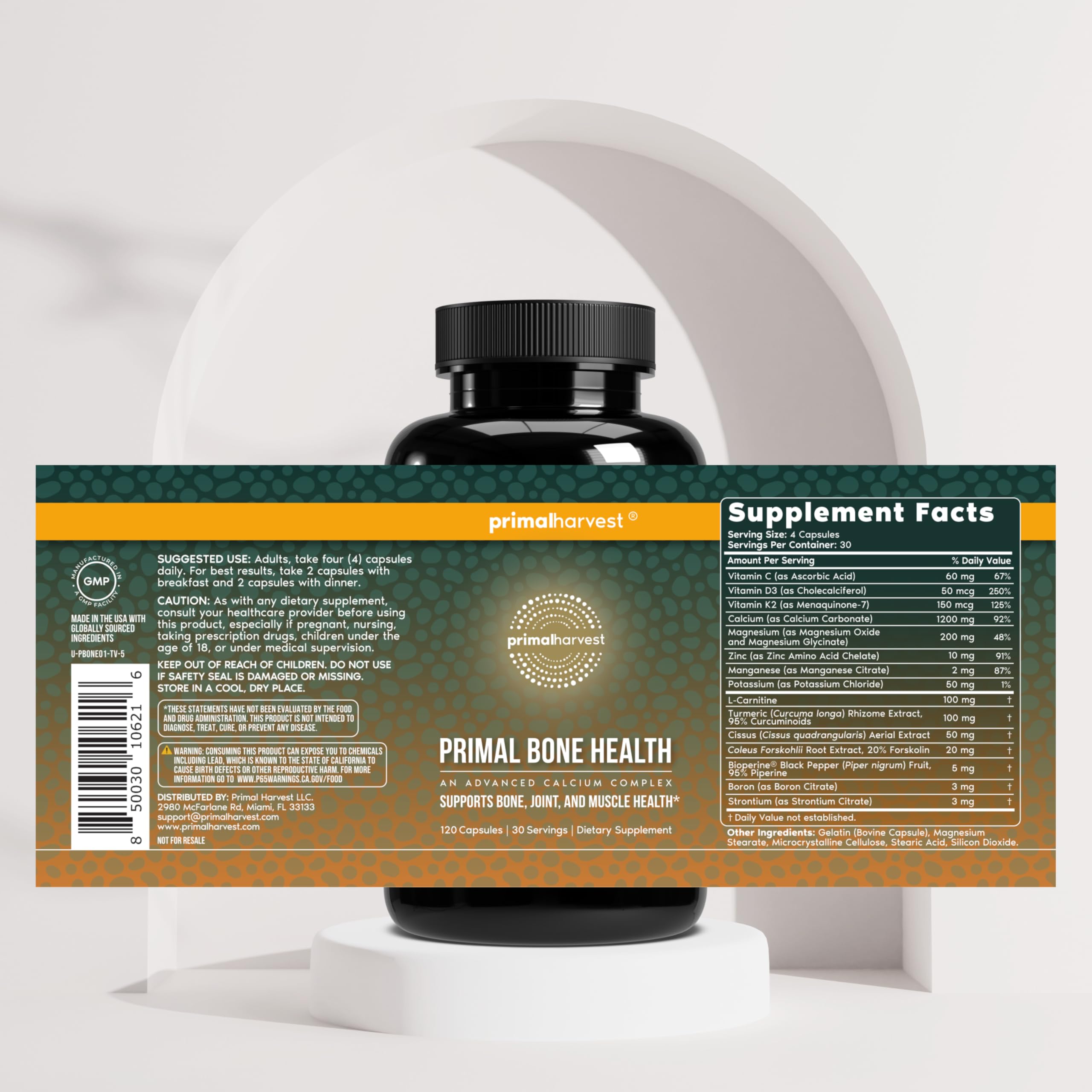 Primal Harvest Primal Bone Health Calcium Carbonate Bone Health Complex for Men & Women with Calcium, Magnesium, Zinc, Manganese, Potassium, & L-Carnitine (1 Pack) — Amazon image 3