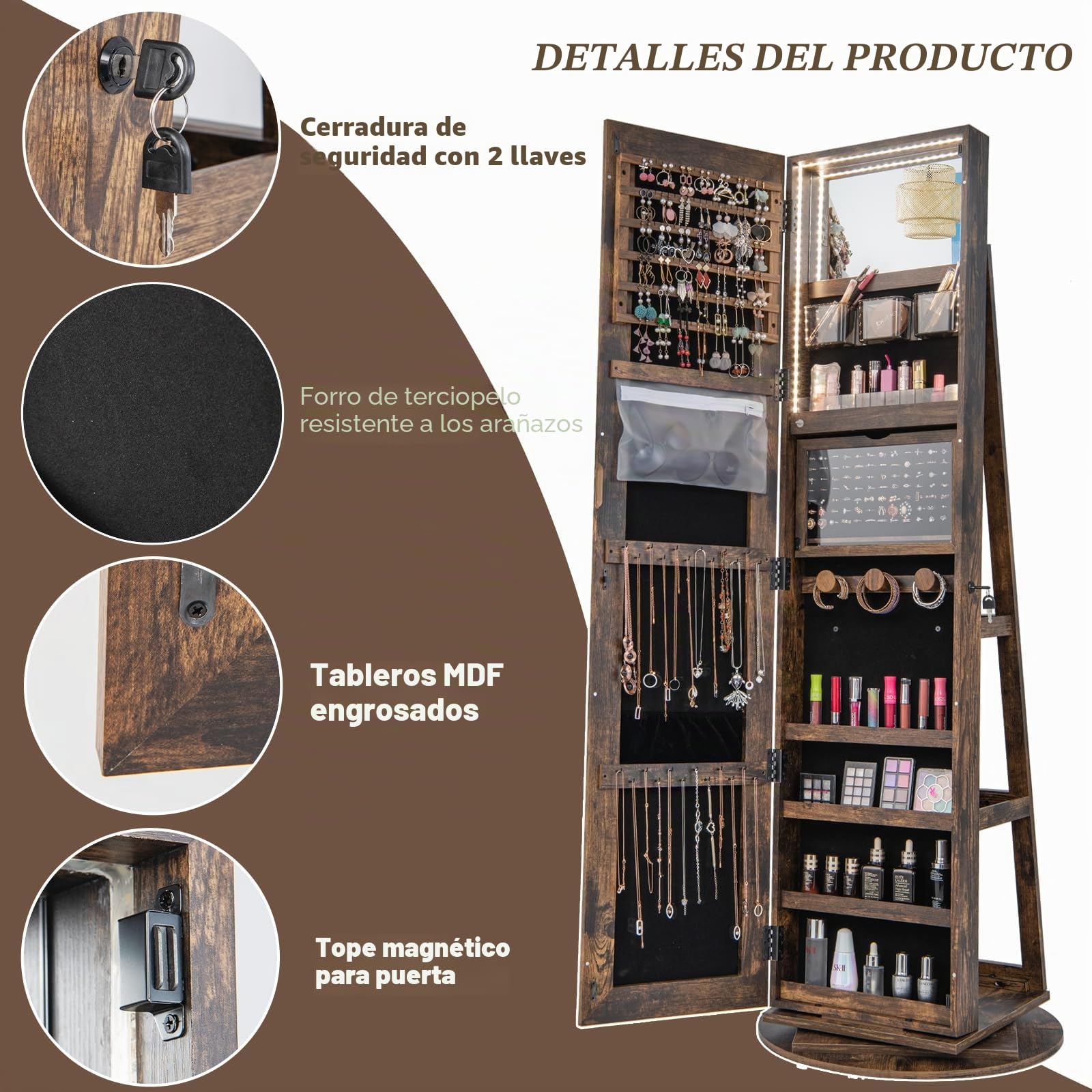 HOMASIS Joyero 3 en 1 giratorio 360°, espejo para joyas con cerradura, organizador de maquillaje para joyas, con espejo de cuerpo entero y luces LED, estantes en la parte trasera (Industrial)
