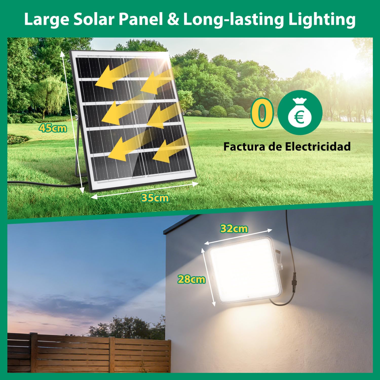 Aigostar Faro led esterno con grande pannello solare 300W 3000LM 20000mAH | Batteria di grande capacità,Dimmerabile 3000/4000/6500K,IP65,Faretto led per interno,giardino,portici,piscina, Cavo 5M