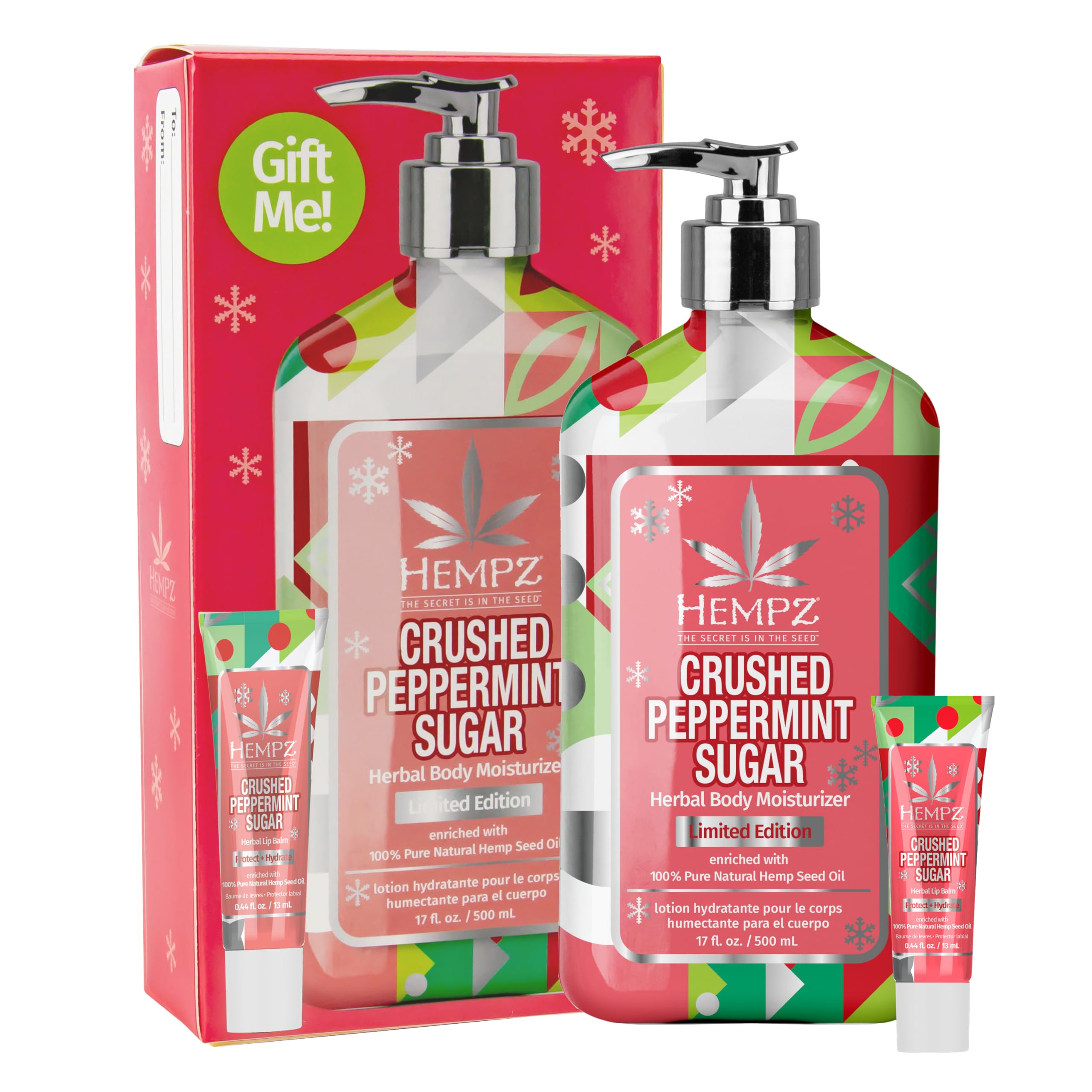Hempz Crushed Peppermint Sugar Gift Set Body Lotion and Lip Balm for Men Women
