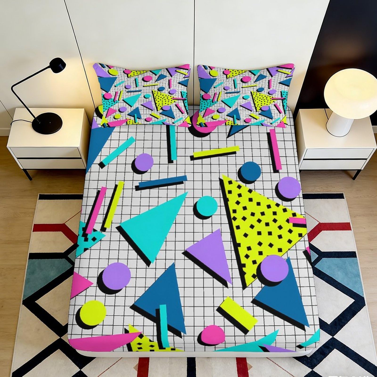 3D Printed Geometric Pattern Fitted Sheet Microfiber Vibrant Shapes Mattress Cover for Bedroom Dormitory Guest Room Protective Decor 140x200x25cm