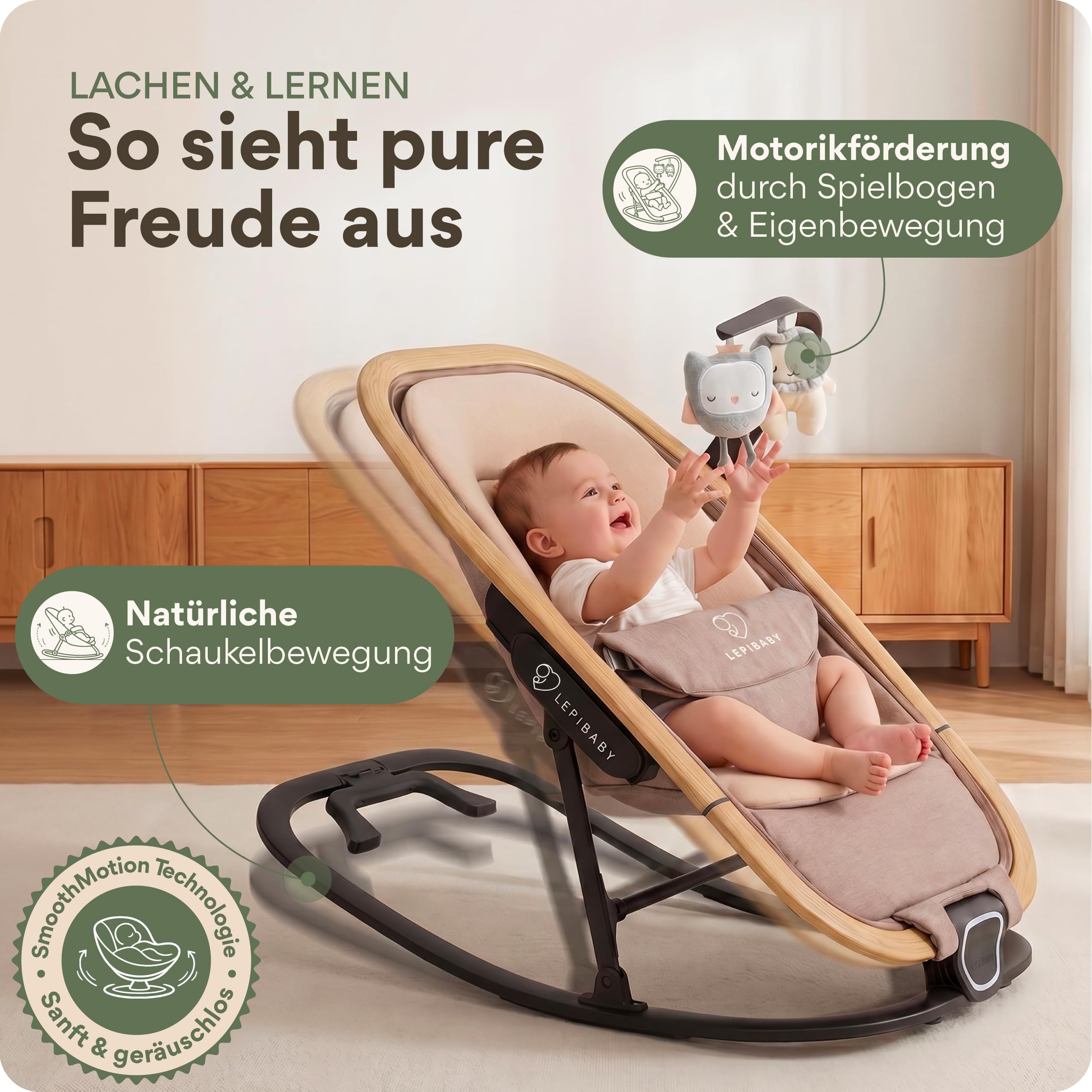 Babywippe Neugeborene, 0 bis 12 Monate, Baby Wippe, Baby Bouncer | Faltbarer Baby Rocker, Babyschaukel mit Spielbogen, Verstellbare Babywiege, Baby Schaukel leicht waschbar, FlexiBu Beige