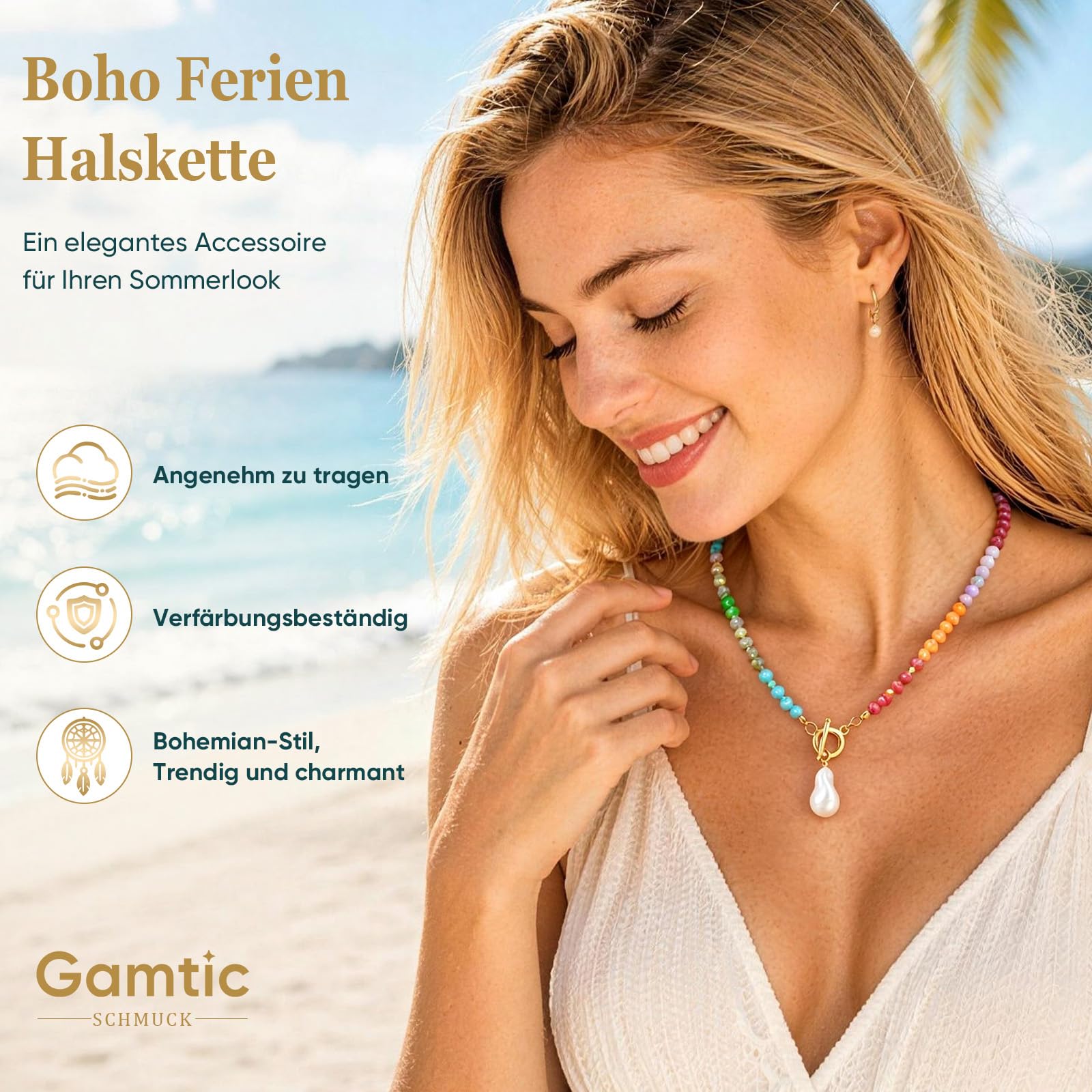 Gamtic Boho Bunte Perlenkette für Damen - Strand Sommer Halsketten für Frauen
