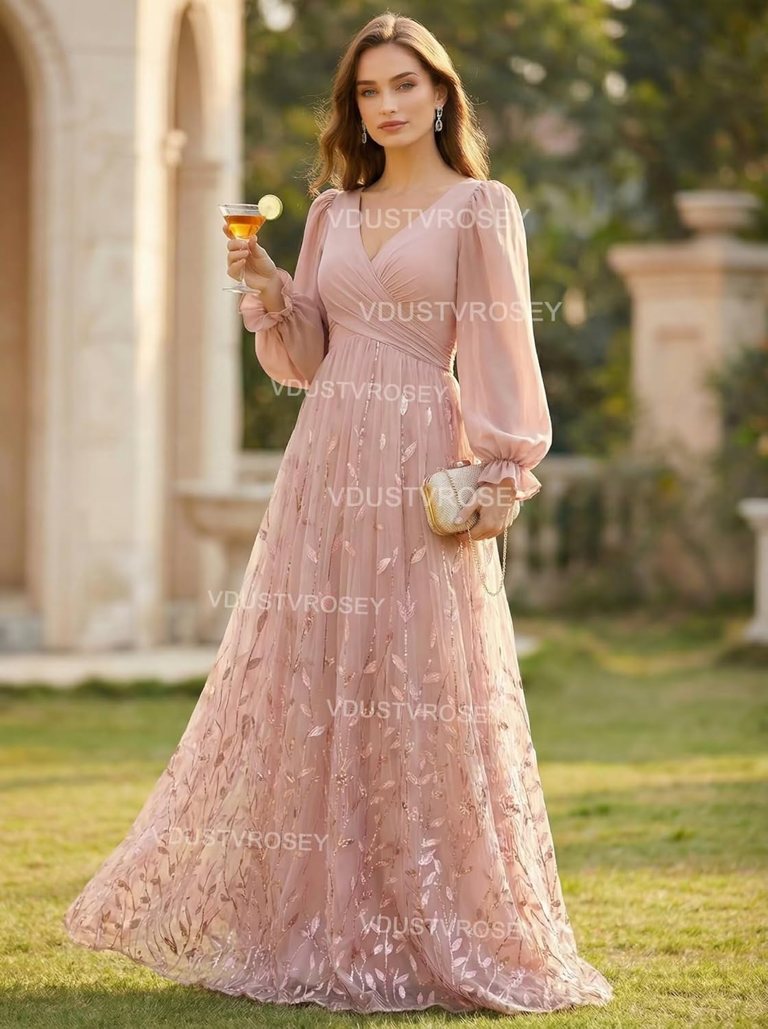 Long Sleeve Mother of The Bride Dress Leaf Sequin Formal Dress Chiffon V Neck Pleated Bridesmaid Dresses - Image 5