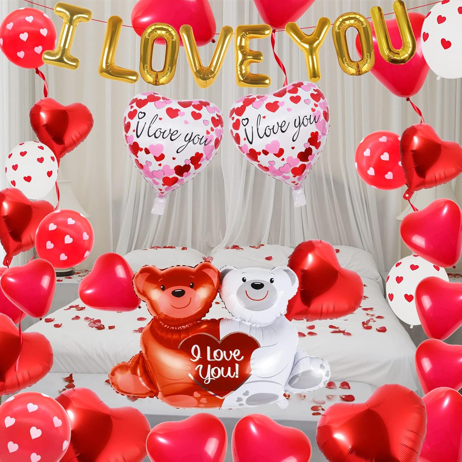 55 Pack Valentine's Day Balloons with 1000 Pcs Silk Rose Petals - I LOVE YOU Balloons, Heart Balloons, Love-Bear Balloon for Anniversary Valentine Day, Romantic Decorations Special Night for Bedroom
