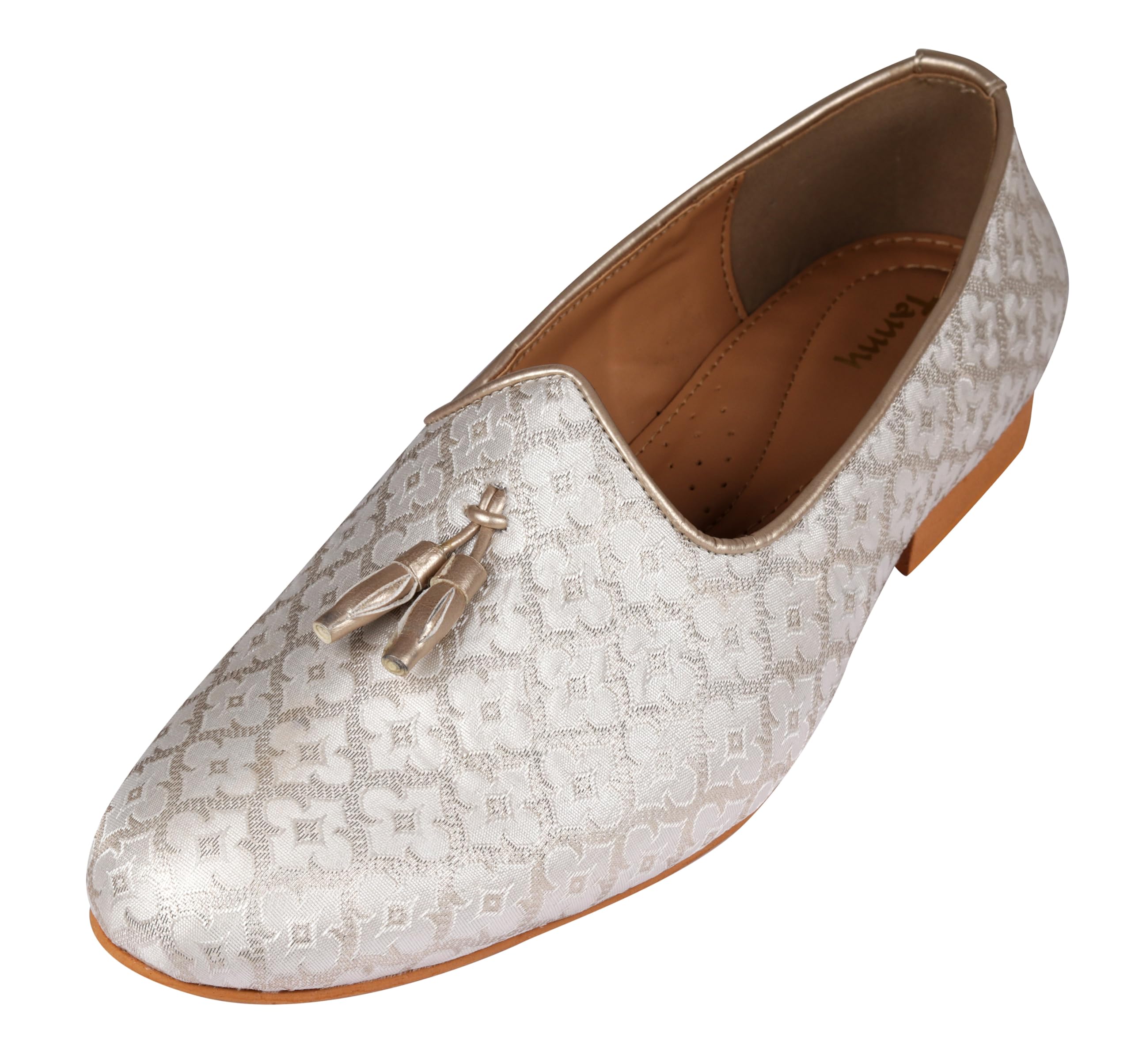 Men's Jaquart material White Slip - On Juttis With Tasale Jutti For Bridal Party Casual, Ethnic Shoe, Juti, Juti for men, Ethnic juti, Juttis and Mojaris, Cocktail, Wedding|Party|Occasions|Fashion|Outdoor|Indoor|Lightweight|Shoes with TPR Sole-image-41