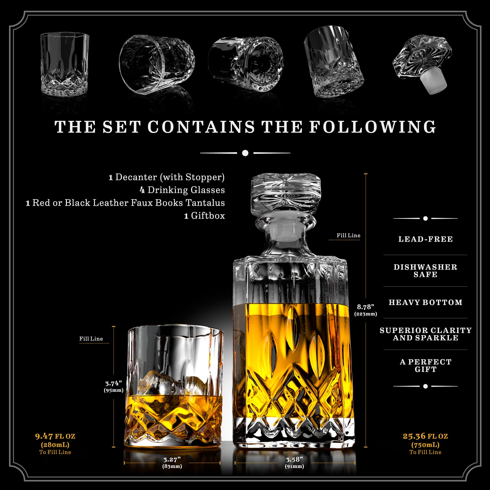 Zestaw upominkowy karafki do whisky – sztuczna książka Tantalus Bourbon kieliszki koktajlowe zestaw 4 sztuk, kryształowe szklanki do szkockiej whisky, staromodny prezent dla mężczyzn, bar