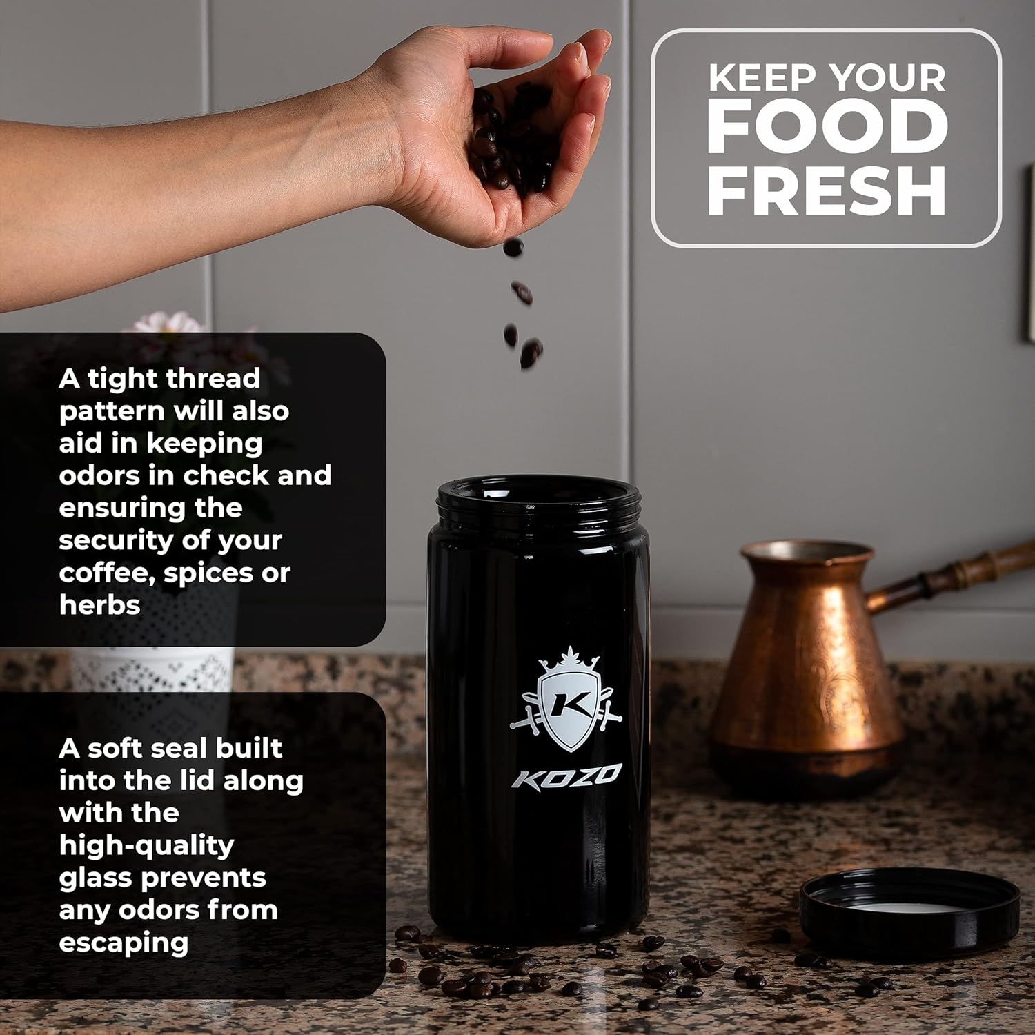 Black Glass Airtight Storage Jar, with UV Protection. Airtight Container with Humidity Pack. Keep your Serving Spices and Herbs Fresh for Longe. Large, Stylish Two oz Size (2 OZ - 1000ml)