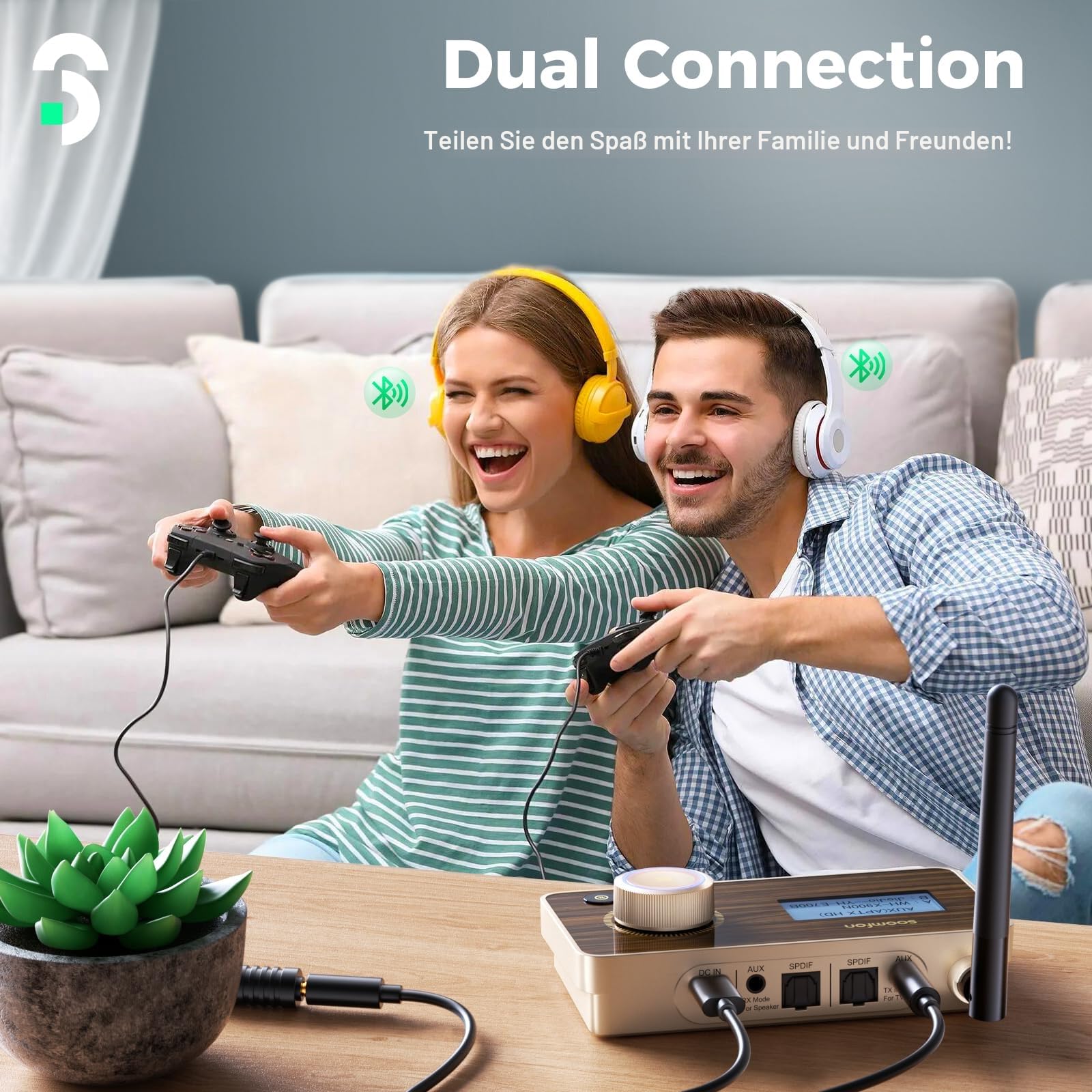 SOOMFON aptX LL & HD Bluetooth 5.2 Sender Empfänger, 3-in-1 HiFi Bluetooth Adapter Transmitter Receiver für TV, Stereoanlage & Kopfhörer, Lautstärke Regeln, Duale Verbindung, Aux/Optisch/RCA