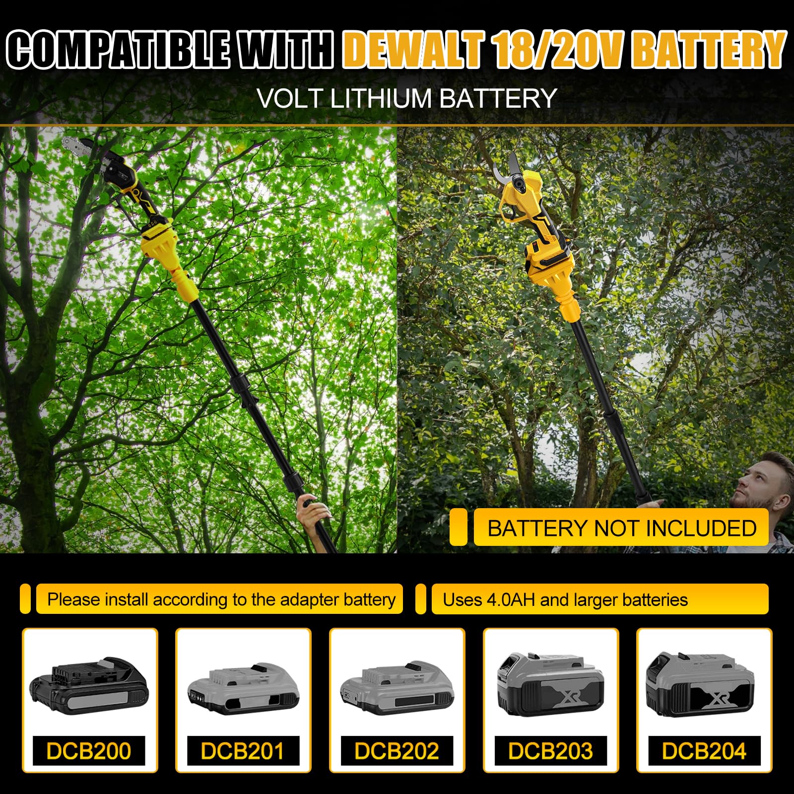 panthem 4-in-1 accu hoogsnoeier 6 inch mini kettingzaag boomzaag compatibel met Dewalt 20V 18V, 45 mm elektrische zaag tuinschaar, boomschaar takschaar handkettingzaag telescoop takzaag (zonder accu