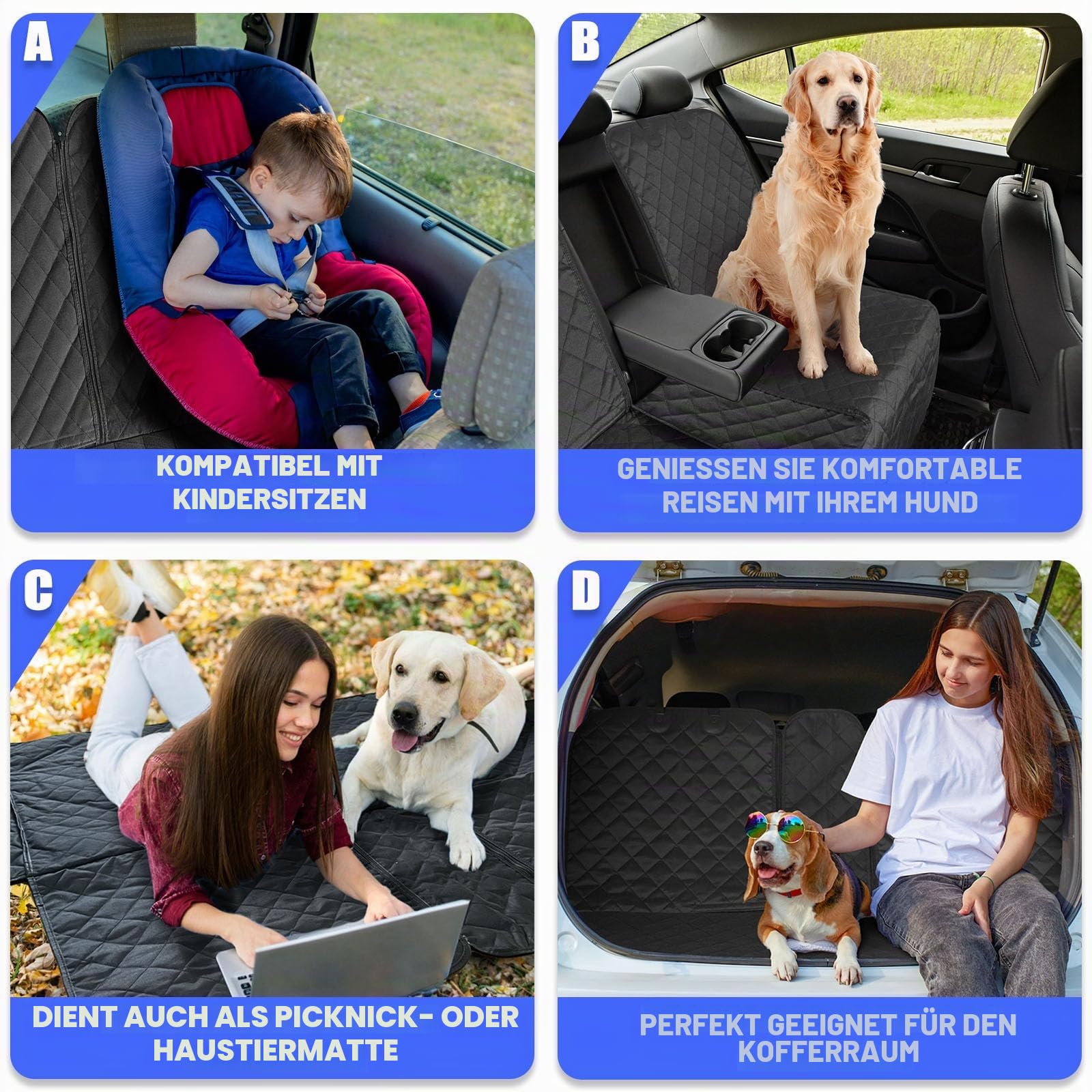 Yonktoo Hunde-Autositzbezug, wasserdicht, rutschfest, kratzfest und leicht zu reinigen, Schutz für 60/40 geteilte Sitzbank in Autos und SUVs, Schwarz, Standard – 132,1 cm B