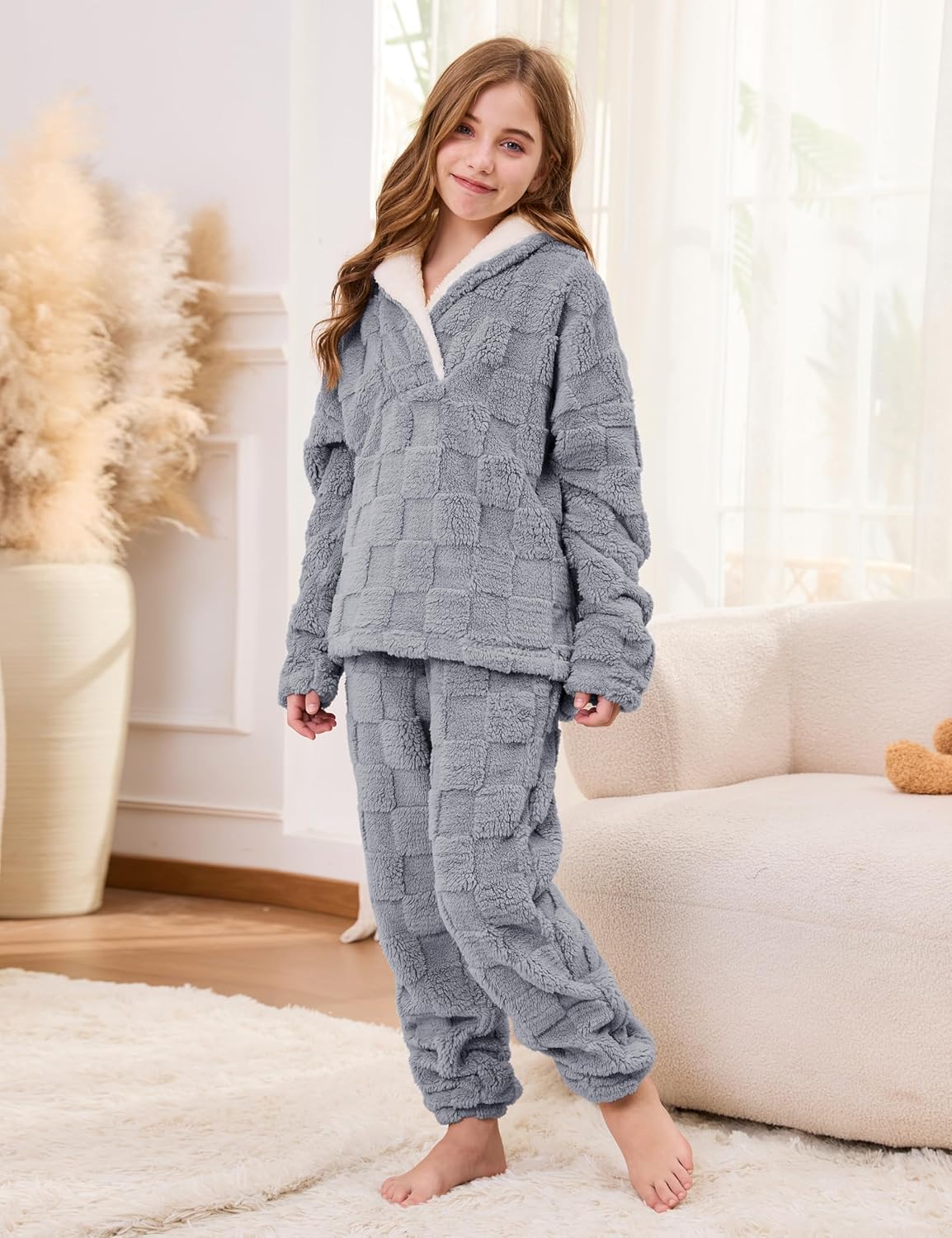 Lentta Girls Fleece Pants Sets Fuzzy 2 Piece Outfits Casual Warm Pullover Top Sweatshirt Sweatsuit with Pockets 5-14Y