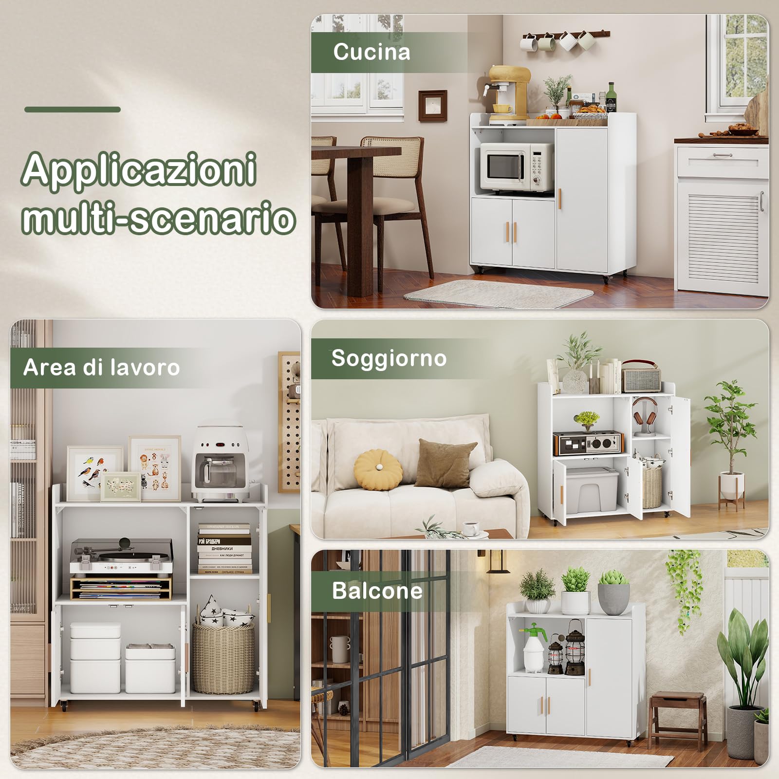 YU YUSING Carrello Cucina con Ripiano Aperto, Mobile Microonde con 4 Ruote