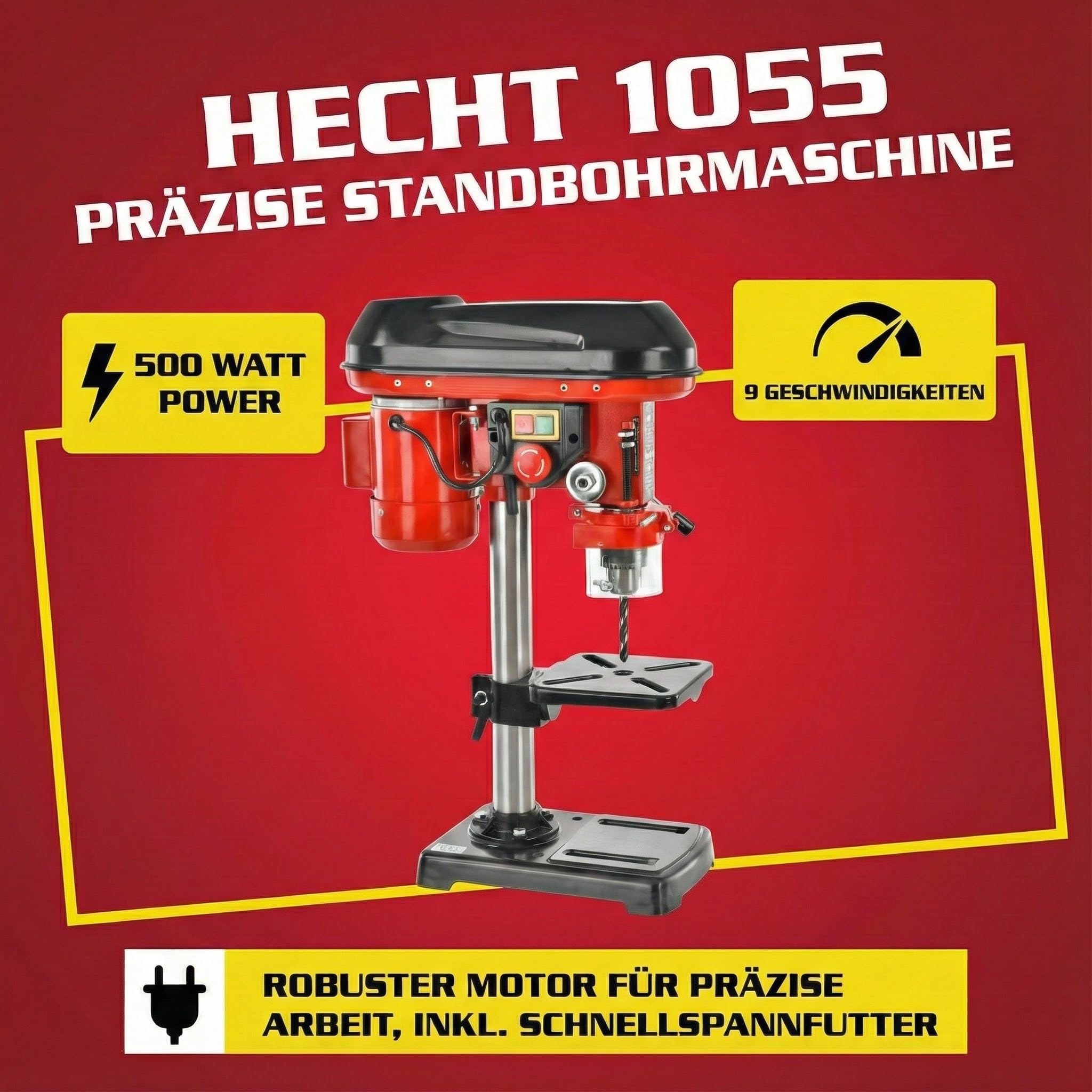 Hecht Standbohrmaschine, Säulenbohrmaschine mit starken 500 Watt – 9-stufige Dreh-zahlregelung, drehbar - und höhenverstellbarer Bohrtisch – Späneschutz - Ideale Standbohrmaschine, Tischbohrmaschine