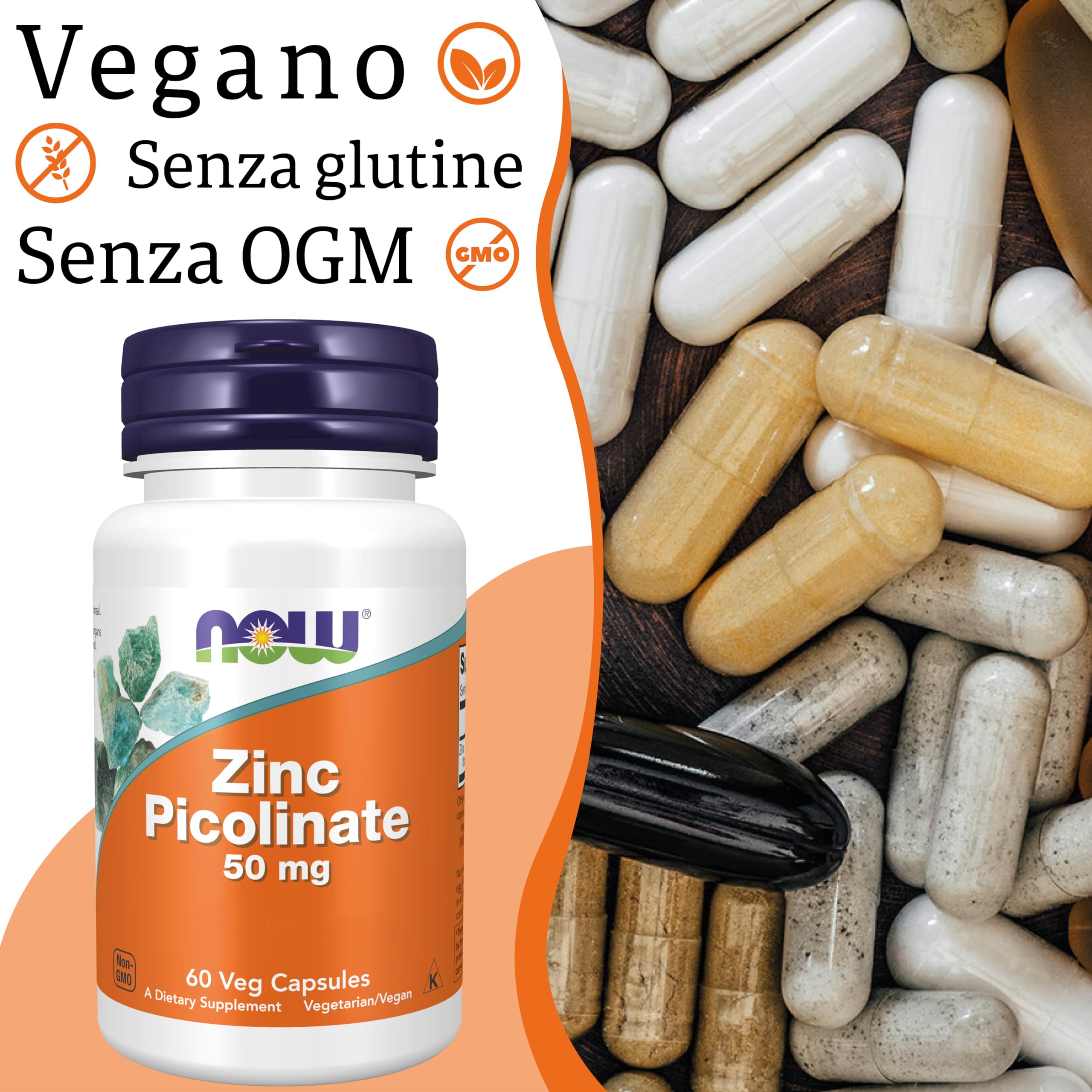 Now Foods, Zinco Picolinato, 50mg, Dose Elevata, 1 Capsula ogni 2 Giorni, 60 Capsule vegane, Testato in Laboratorio, Senza Glutine, Senza Soia, Non OGM, Vegetariano