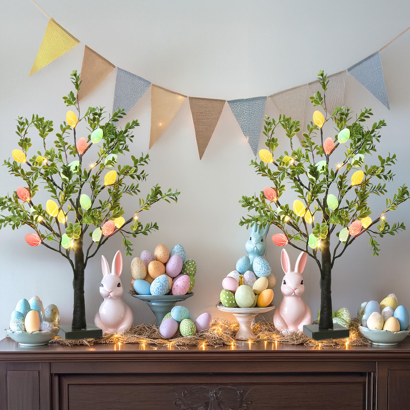 EAMBRITE Easter Decorations Easter Tree with Eggs, 2Ft Tabletop Tree with 24 LED Lights, Lighted Artificial Tree Battery/USB Operated Light up Easter Egg Tree for Spring Home Decor (2 Pack)