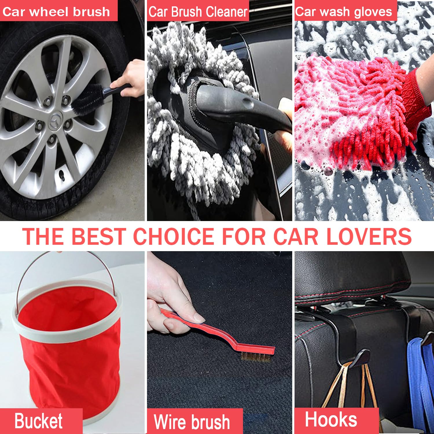 LIANXIN Kit di pulizia interni auto, kit di pulizia auto e kit lavaggio auto (rosso)
