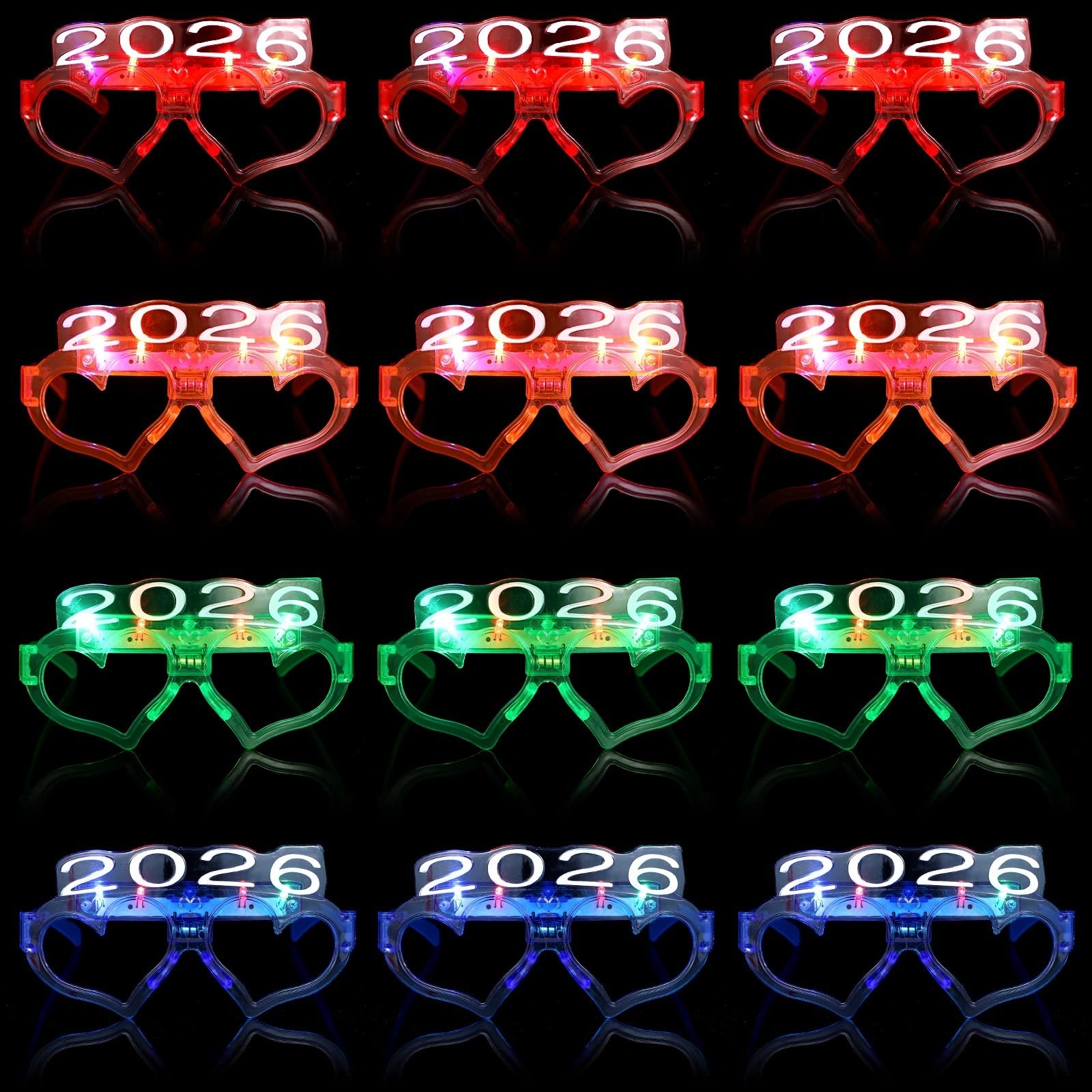 GEKMOR 12 Pack LED Lights Glasses, 2026 Happy New Year Glow Glasses, Glow in the Dark Party Light-up Heart-Shaped Glasses for Mardi Gras, New Year, Holiday