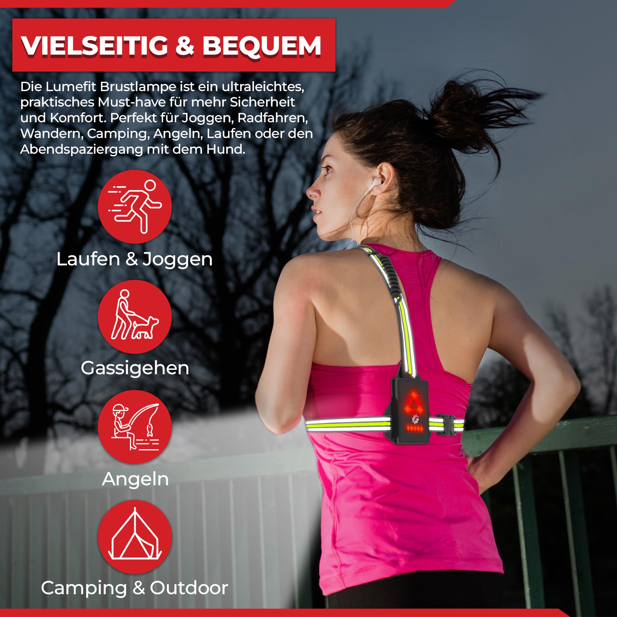 LUMEFIT Lauflicht mit Reflektoren, ideal zum Joggen und Laufen, mit 500 Lumen FrontTaschenlampe, 90° verstellbar, Laufgürtel mit rundum-Reflektoren, rotes Rücklicht, mit Akku