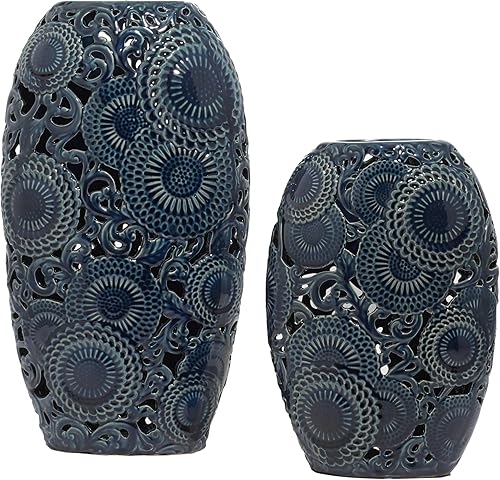 Miniatura 4 de Deco 79 Florero floral de cerámica con patrones recortados, juego de 2 18 pulgadas, 13 pulgadas de alto, azul