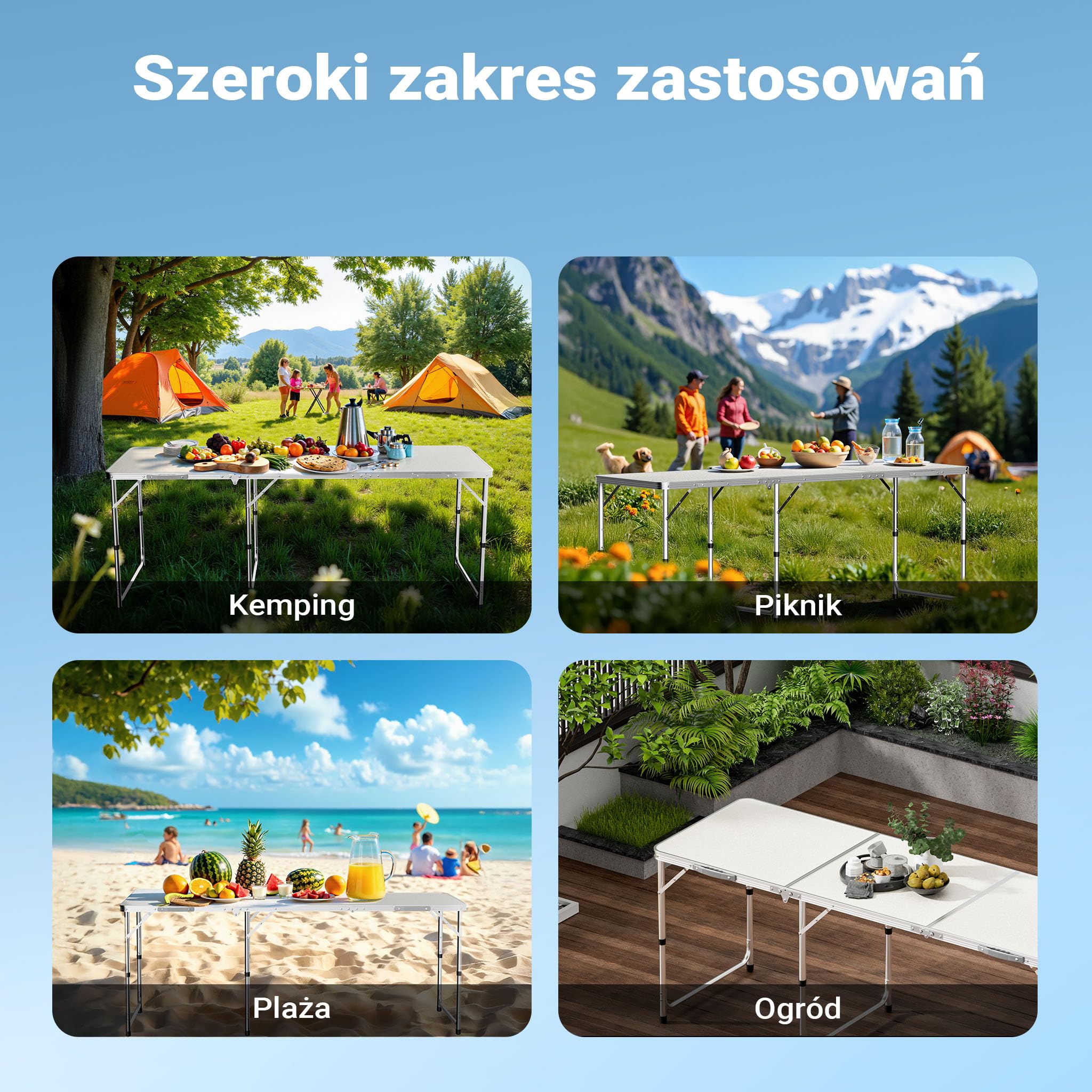Składany stolik turystyczny 180x60x70 cm z regulacją wysokości, lekki ogrodowy stół kempingowy z aluminium i MDF, meble kempingowe na biwak