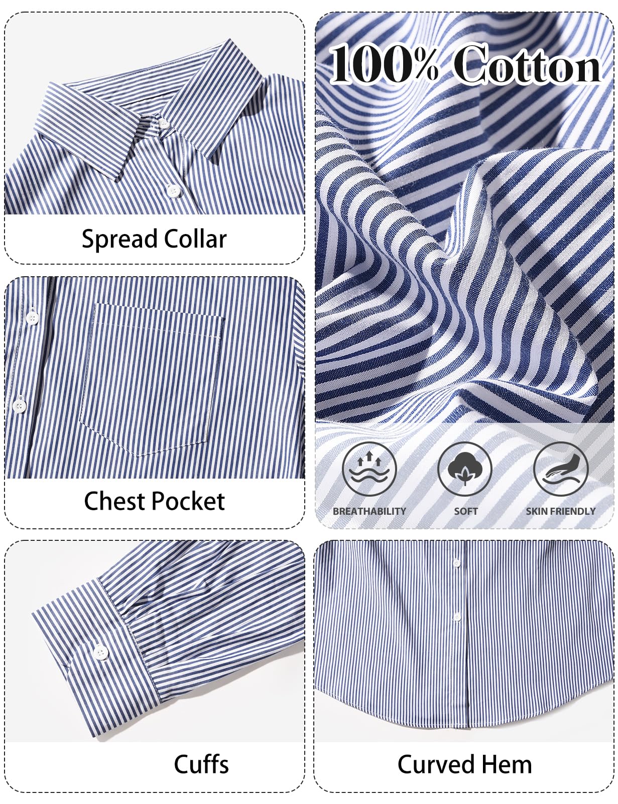 Xnova Camicetta a Righe da Donna con Bottoni, Elegante Magliette a Maniche Lunghe in Cotone, Classica Casual Blusa con Colletto e Tasca Camicia Tops da Ufficio Lavoro