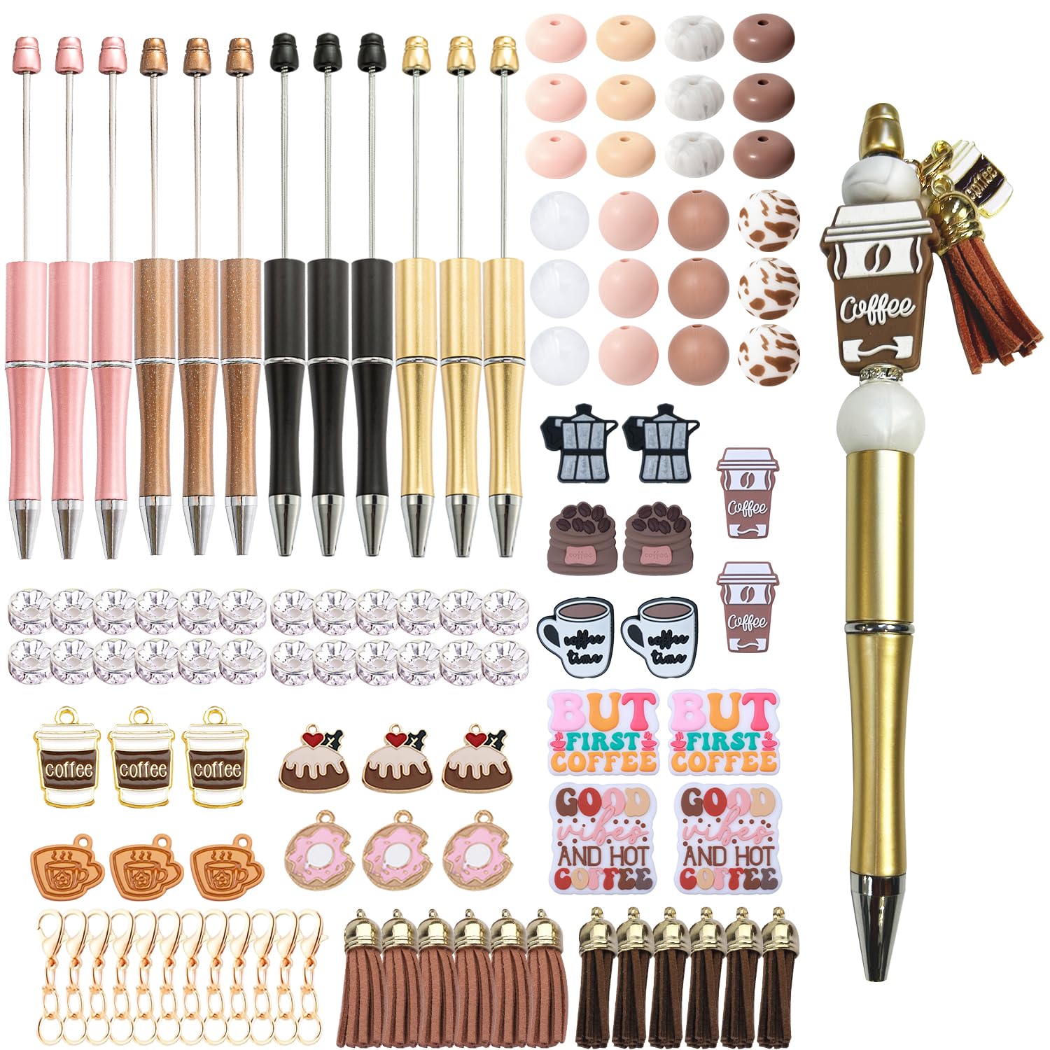 KnvsS Coffee Themed Beadable Pens Bulk Bead Pens with Assorted Colors Beads Pen DIY Making Kit Multicolor Ballpoint Pen Black Ink for Women Office