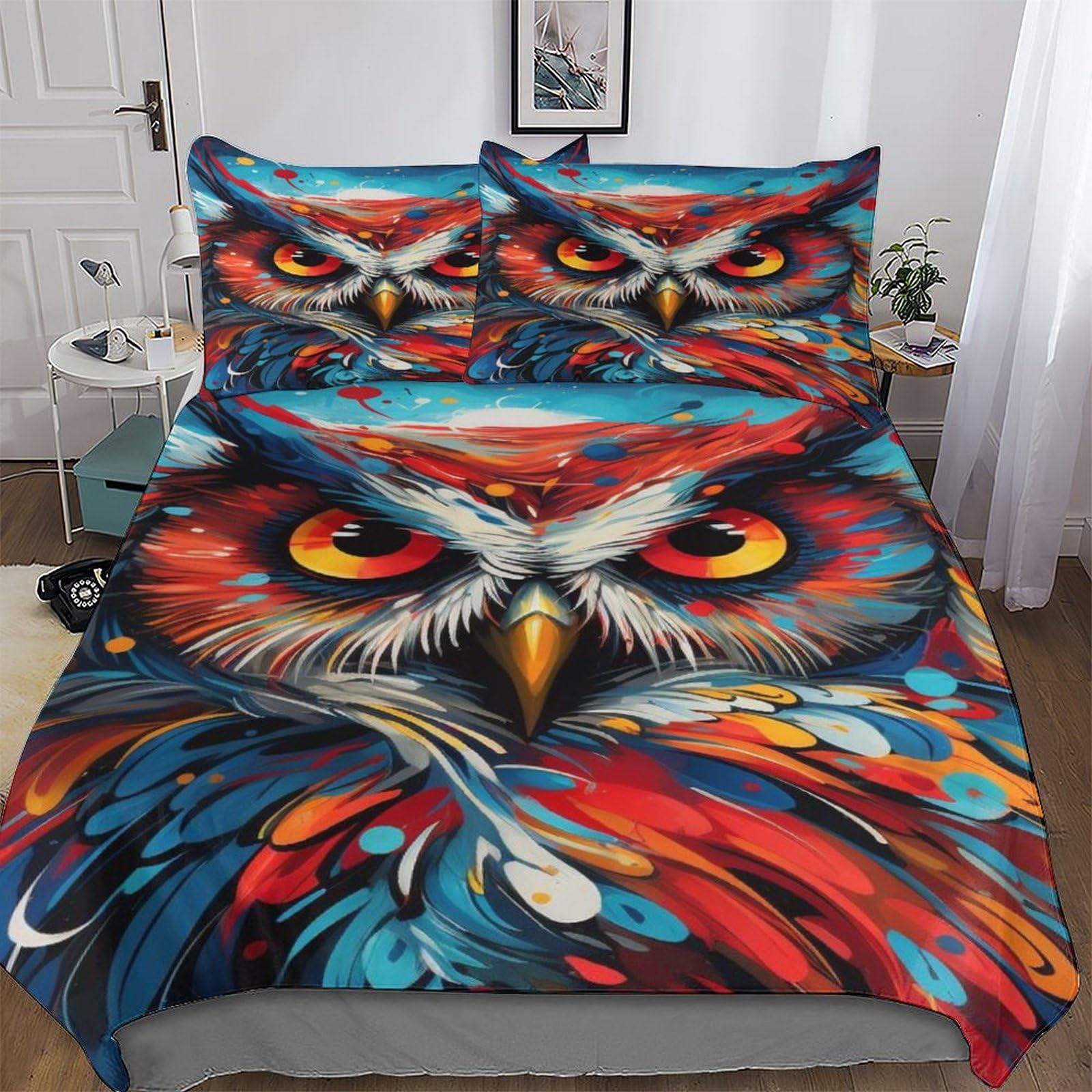 Housse de couette hibou 3 pièces 200x200cm en microfibre avec taies d'oreiller pour lit double
