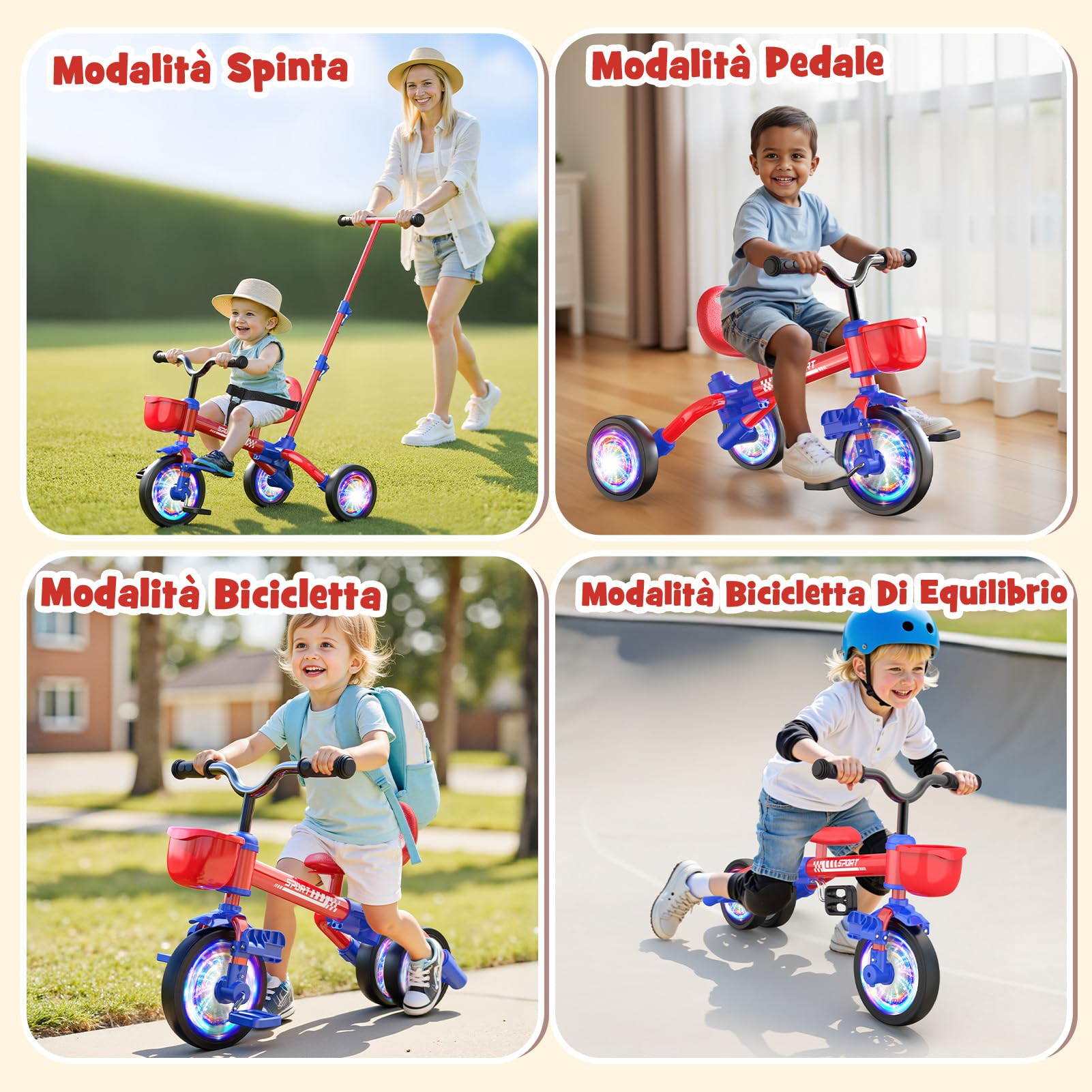 HappyGoLucky 5 in 1 Triciclo per Bambini Evolutivo, Bicicletta Bambini 1-5 Anni-Ruote Luminose/Maniglia Parentale/Sedili&pedali Regolabili