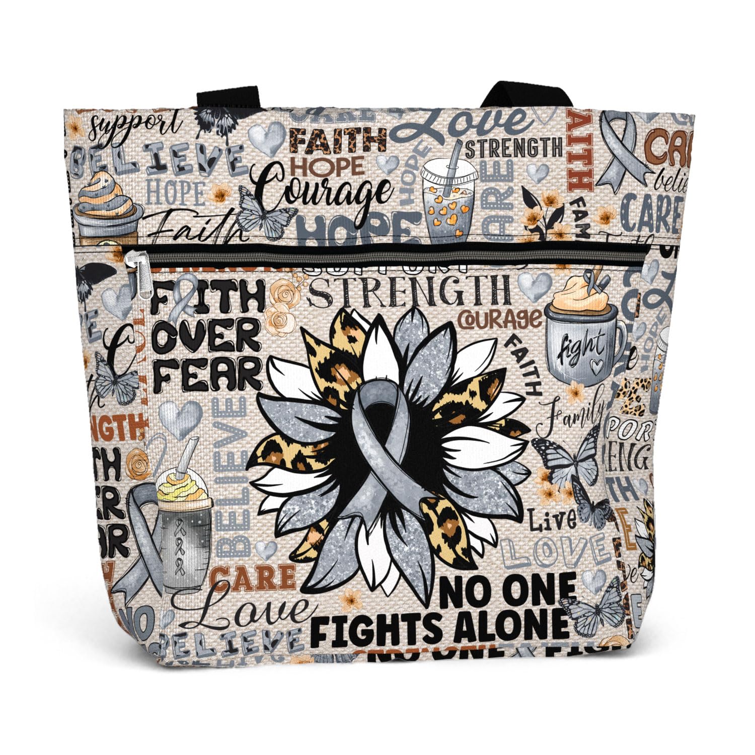 84hoods Large Waterproof Tote Bag with Pockets and Zipper for Work. Aesthetic Grey Ribbon Support Awareness Gift for Women.