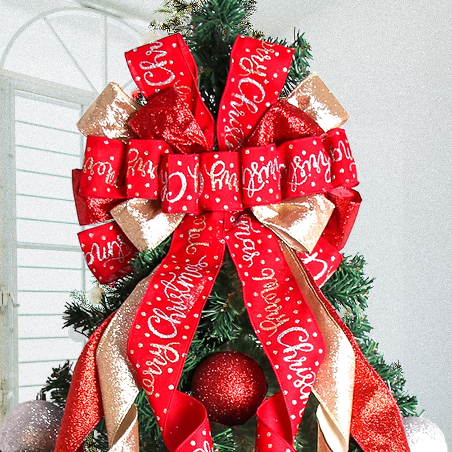 Christmas Tree Topper Christmas Wreath Bow 45"x12" Large Christmas Toppers Bow with Letter Patterned for Xmas Tree Rustic Farmhouse Home Holiday Party Decorations Red - Image 4