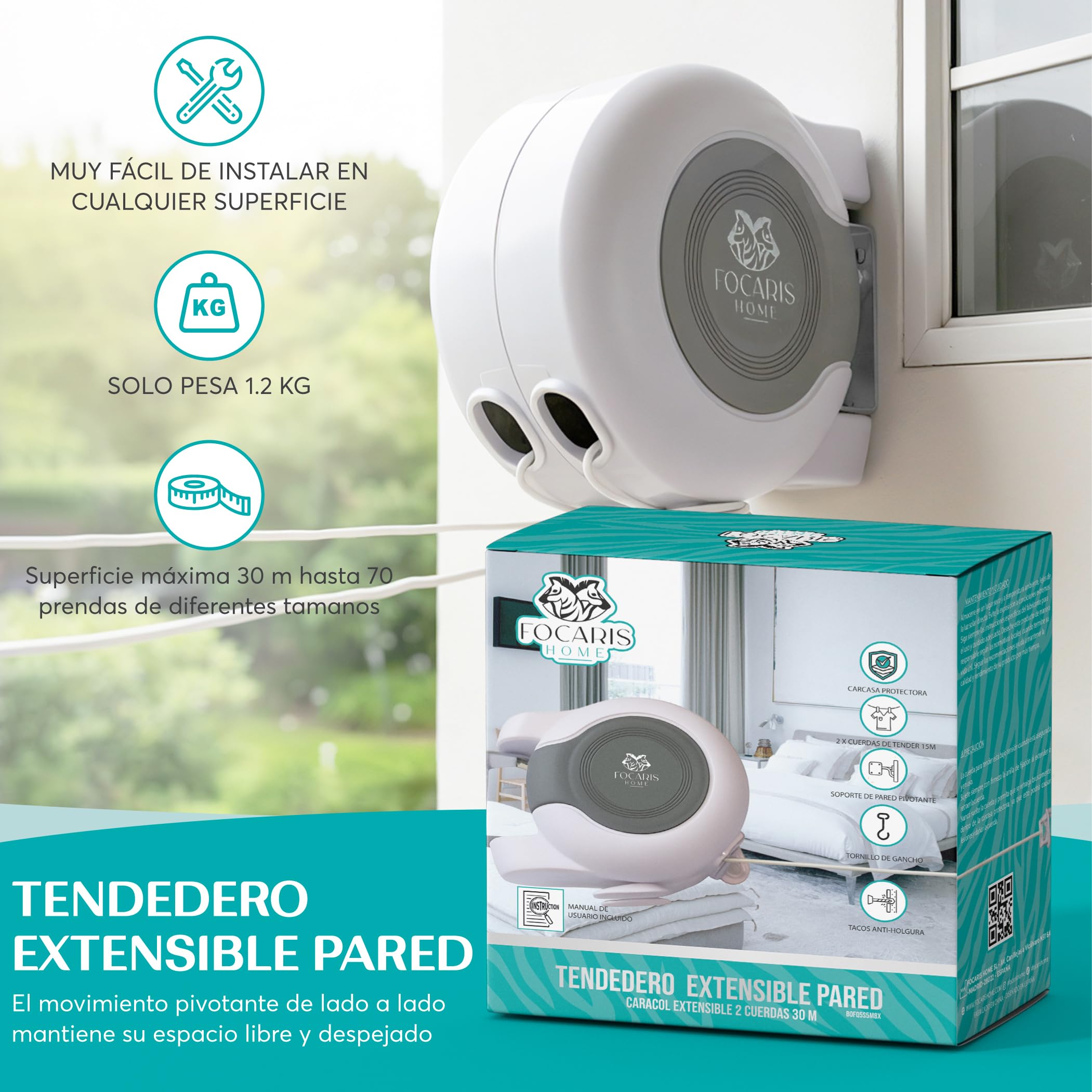 FOCARIS Home Tendedero Extensible Pared Tendedero 30 Metros + 30 kg máx. repartidos en 2 Cuerdas Alta Capacidad secador Ropa Fácil instalación Kit instalación Completo Packaging presentación Regalo