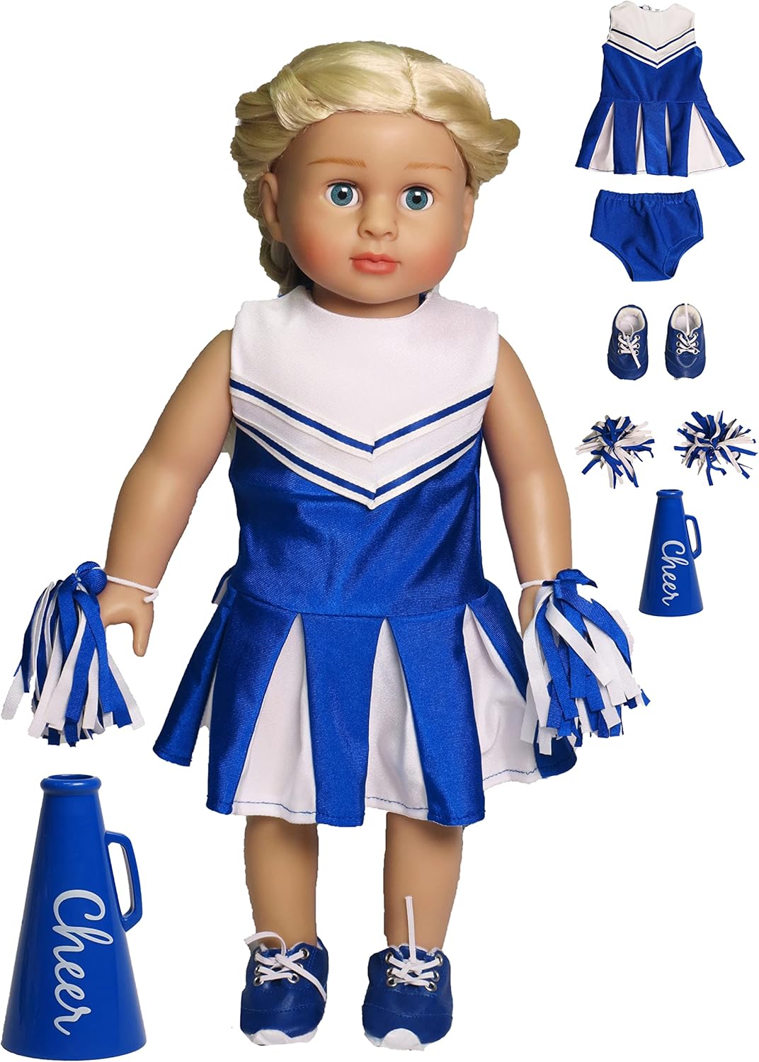 American Fashion World Blue Cheerleading Outfit for 18-Inch Dolls | Accessories Included | Premium Quality & Trendy Design
