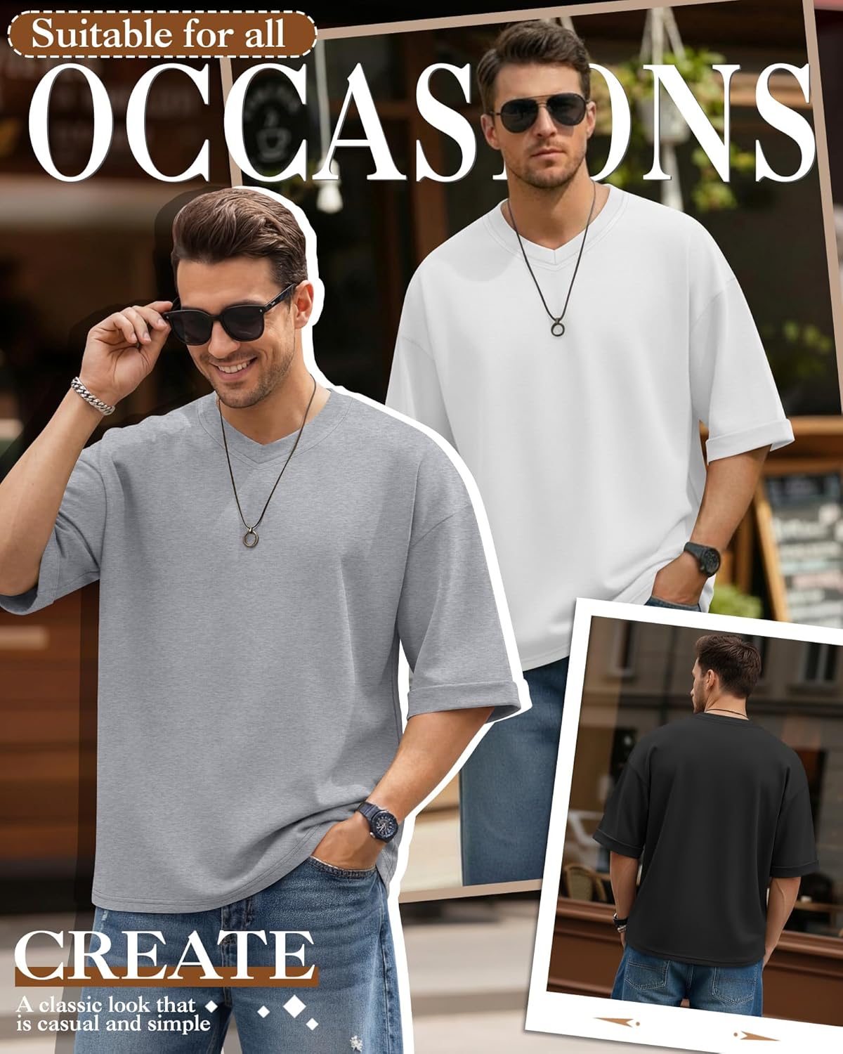3 Pack Men's Oversized T-Shirts Short Sleeve Loose Fit Tops Casual V Neck Rolled Sleeve Tee Solid Basic Tshirt