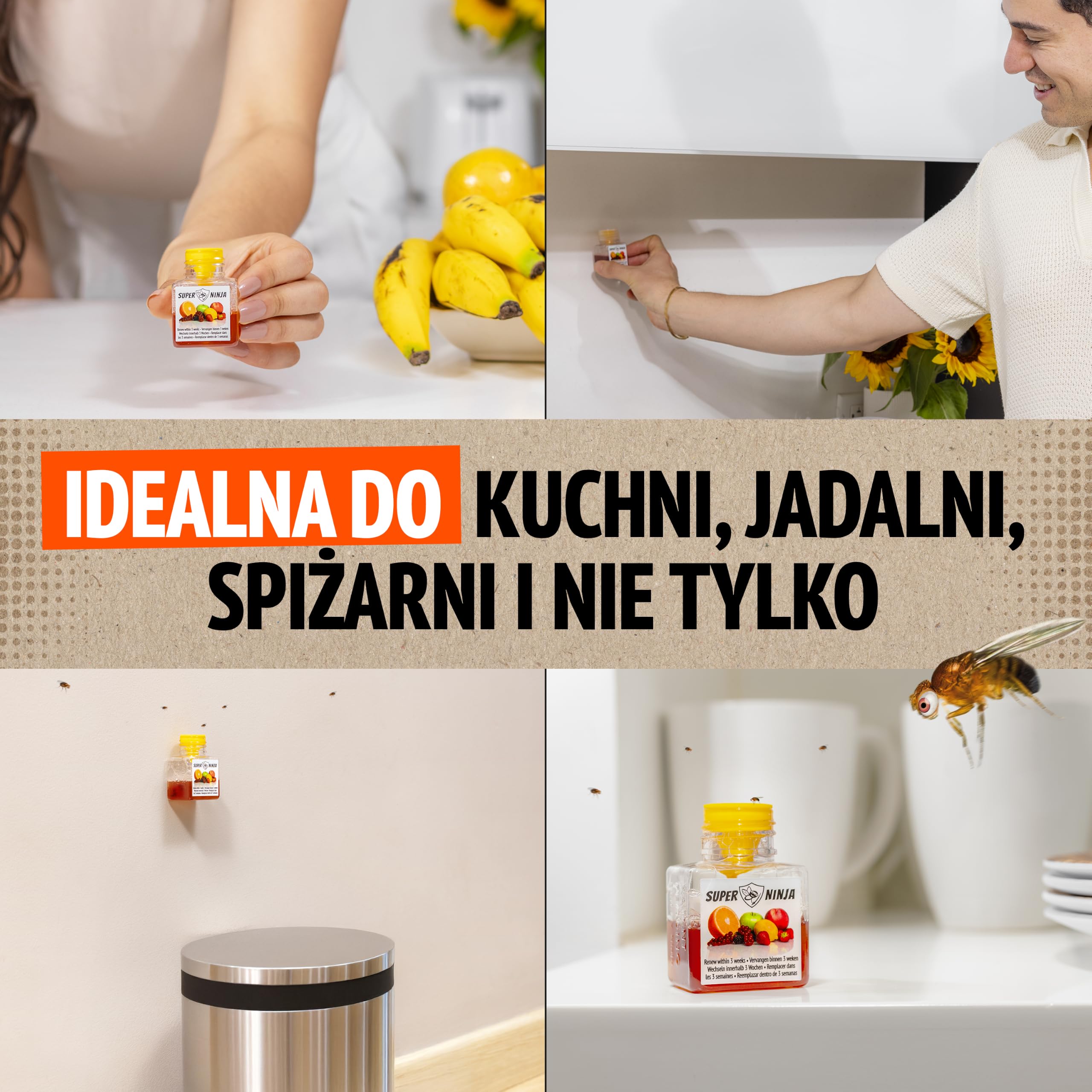 Super Ninja Pułapka na muszki owocówki do kuchni – 12 szt., naturalny płynny wabik, działanie do 3 tygodni, bez toksycznych składników