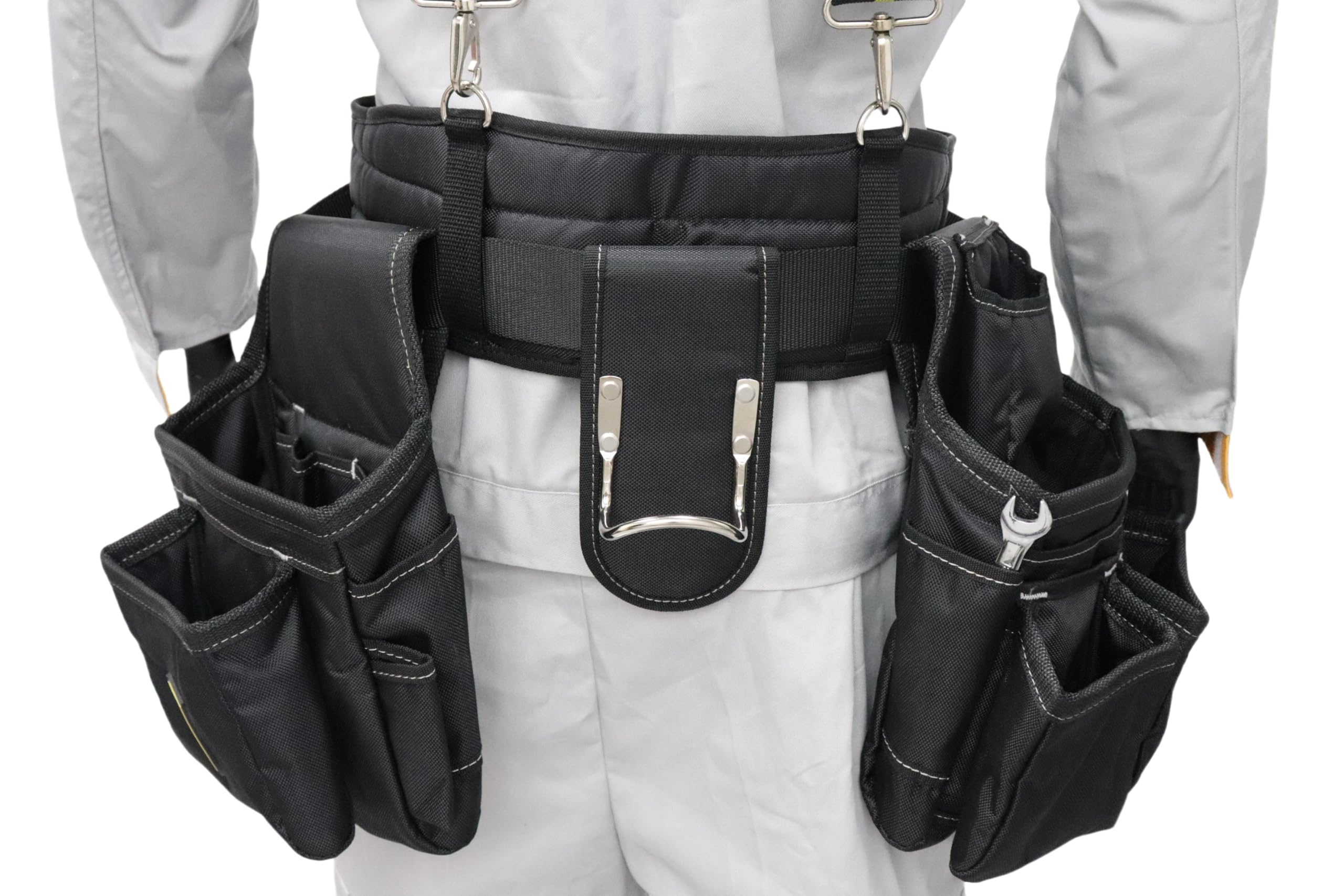 Ceinture à outils professionnelle, en polyester 1680D, avec bretelles, robuste, pour charpentiers, cadres, électriciens, plombiers et hanyman (noir, taille complète)