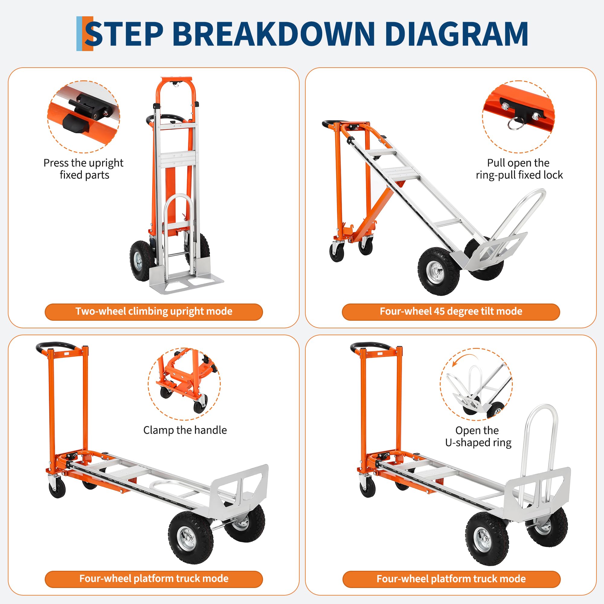 Carro de mano 3 en 1 de alto rendimiento, con capacidad de carga de 362 kg, carro de mano de aluminio con ruedas elevadoras de escaleras, carro para almacenamiento, transporte y mudanzas (rojo y plata