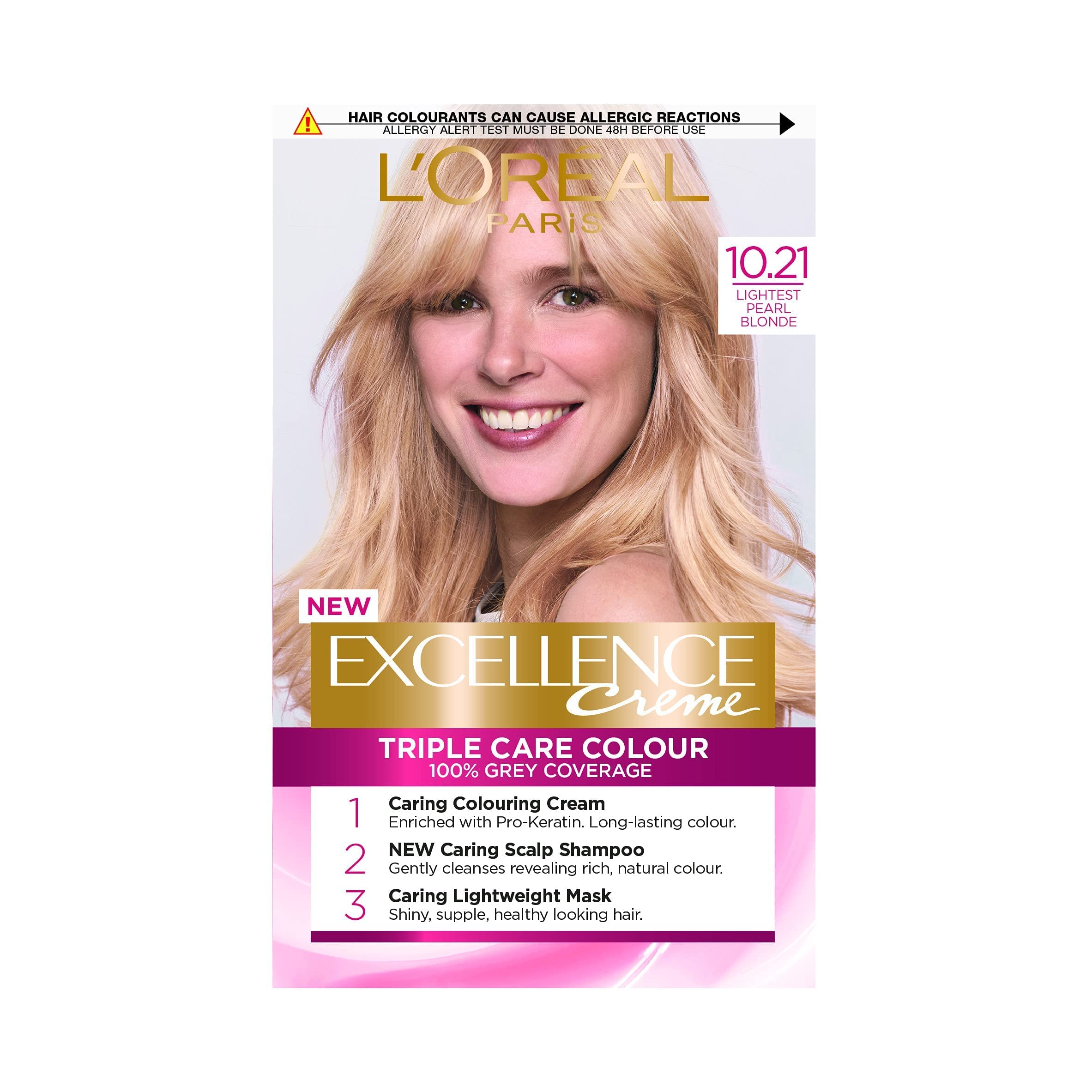L'Oréal Paris Excellence Crème Permanent Hair Dye, Radiant At-Home Hair Colour with up to 100% Grey Coverage, Pro-Keratin, Up to 8 Weeks of Colour, Colour: 10.21 Lightest Pearl Blonde