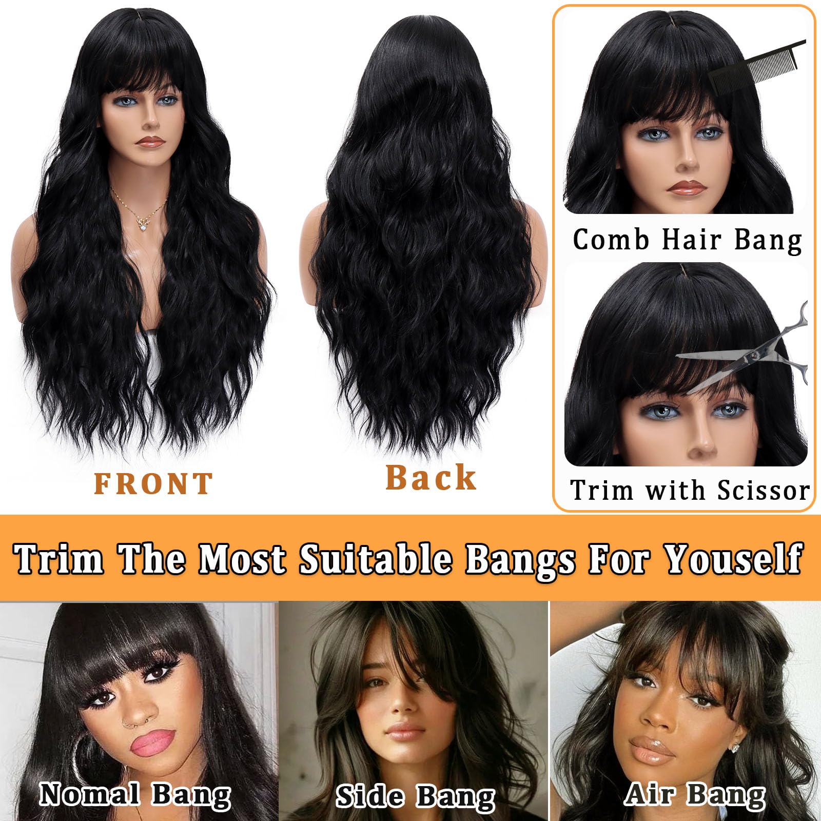 Amazon.com : Vomella Black Wig With Bangs 26 Inch Long Curly  display picture 1