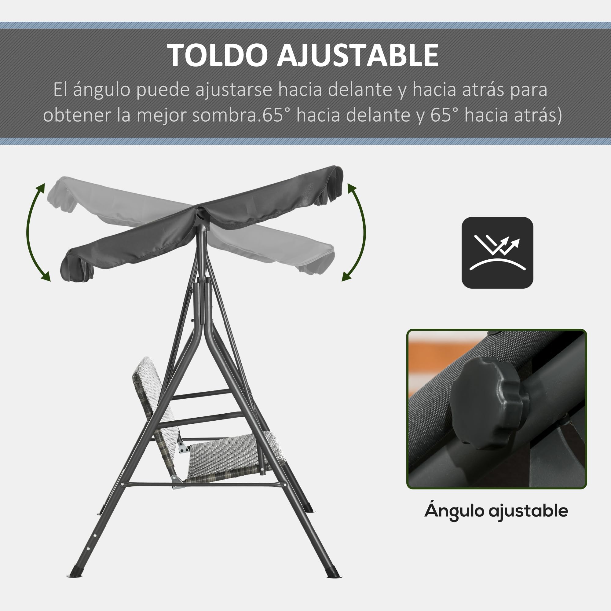 Outsunny Columpio de Jardín Exterior de 3 Plazas Balancín de Jardín Exterior con Toldo Ajustable Asiento de Ratán PE y Reposabrazos para Balcón Terraza Patio Carga 240 kg 167x112x153 cm Gris