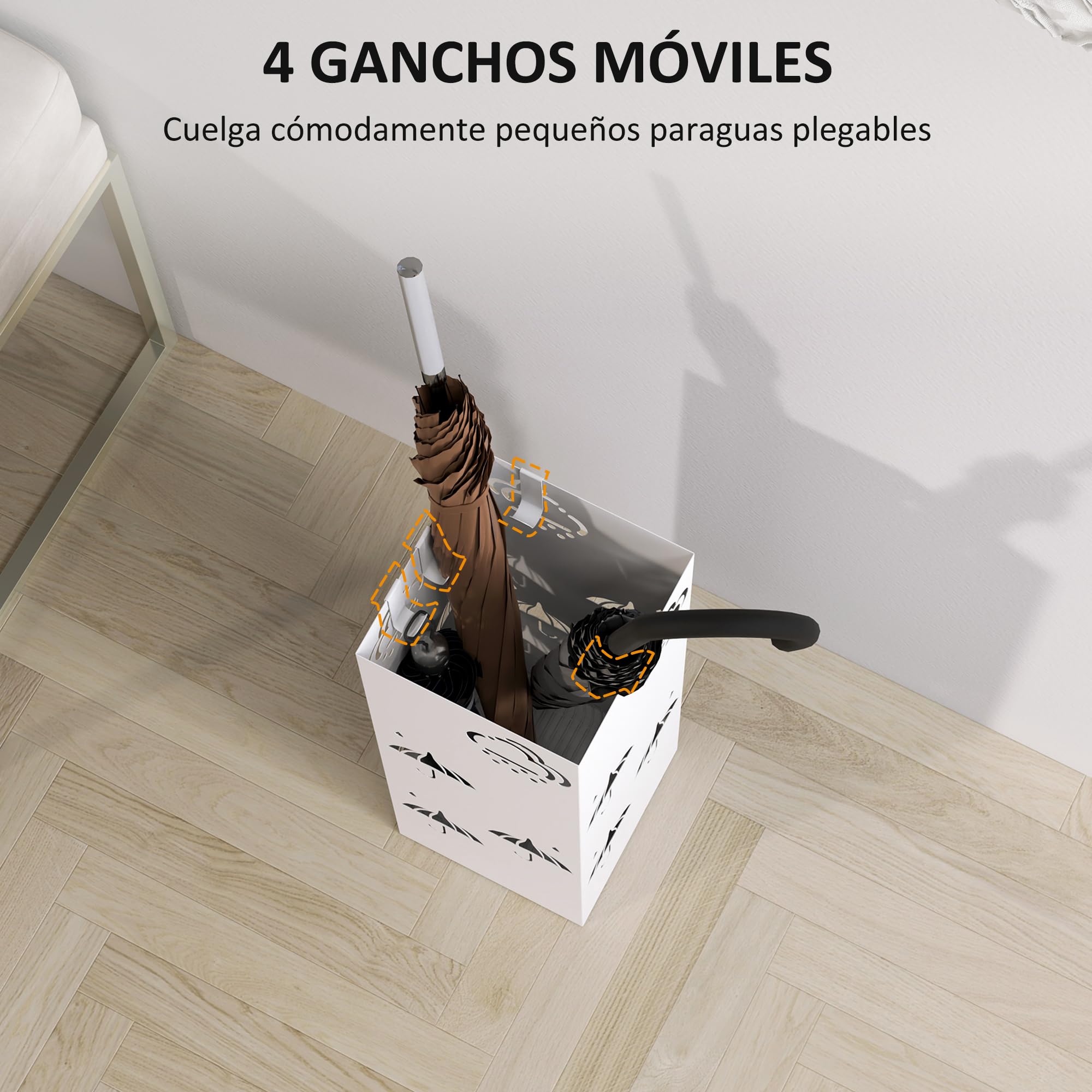 HOMCOM Paragüero de Acero Soporte Paraguas 4 Ganchos Bandeja Goteo Extraíble Blanco Entrada Oficina 15,5x15,5x41 cm