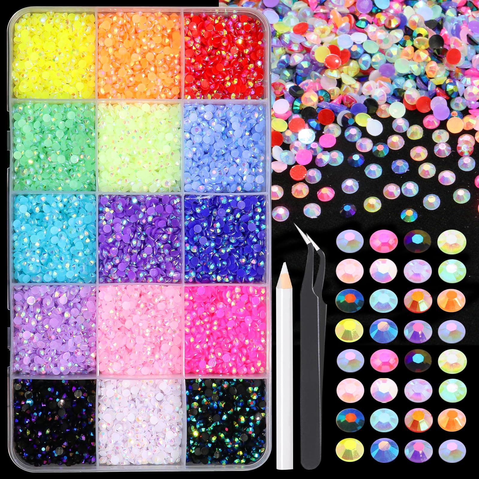 RODAKY 18000Pcs Resin Jelly Rhinestones Bedazzler Kit | 3mm Flat-Back Gems, 15 Colors AB Rhinestone, Crafting Gem for Bedazzling, Crystal Jewels for DIY Design Clothing Shoes-image-41