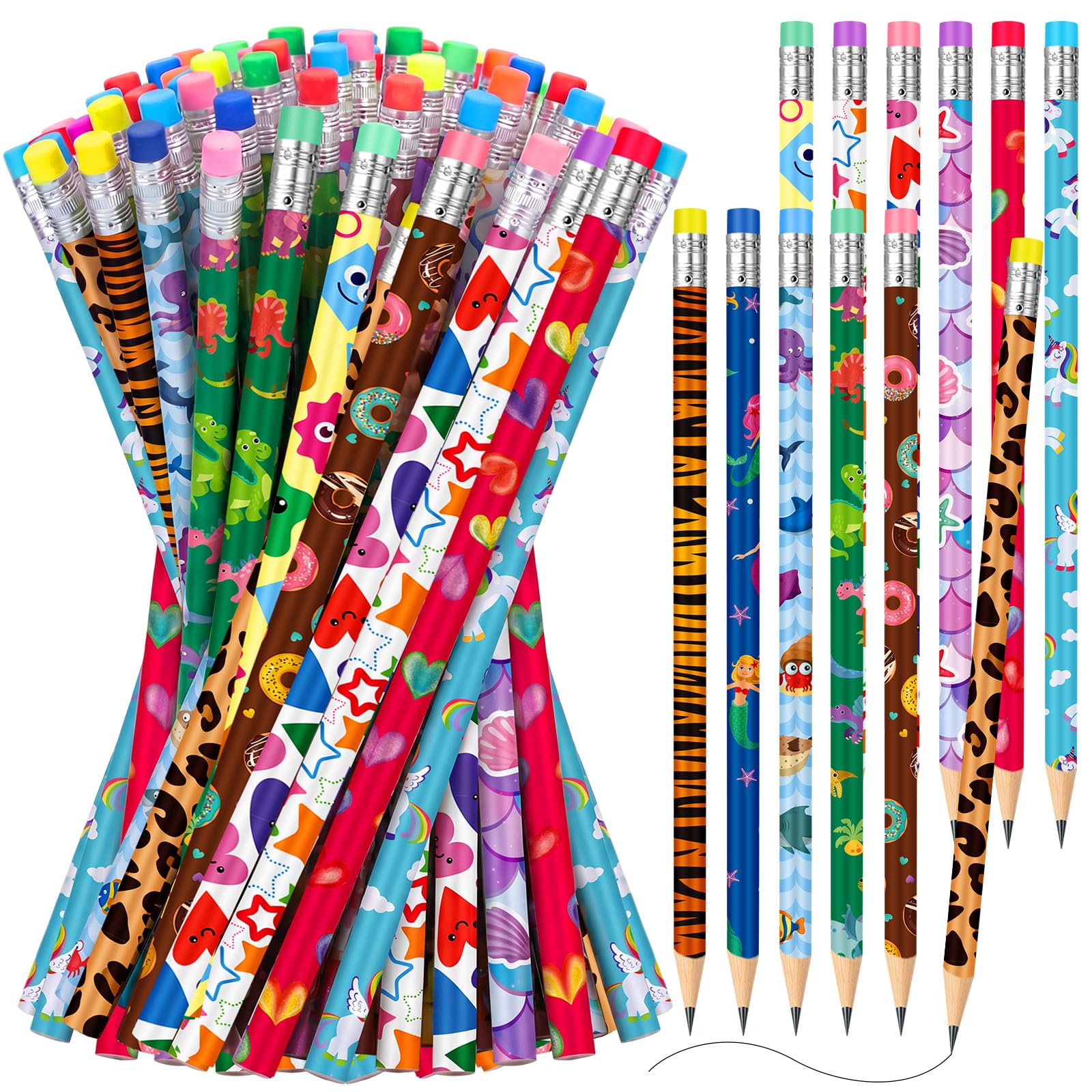 Chinco 100 Pcs Wooden Pencil Bulk with Eraser for Kids, Cute Style