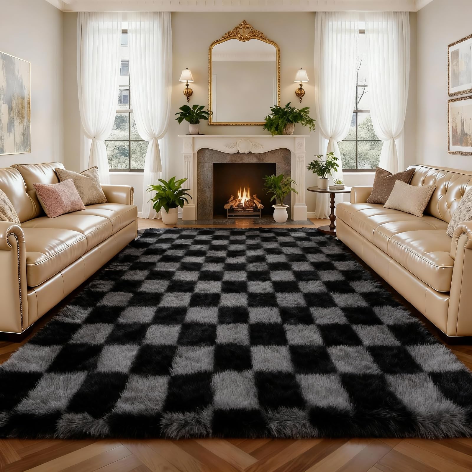 Untimaty Rugs Living Room - 120x180cm Classic Checkered Large Grey and Black Ultra Soft Fluffy Bedroom Area Rugs Washable Anti-Slip Backing Carpet Nursery Kids Room Modern Floor Home Decor — image 1