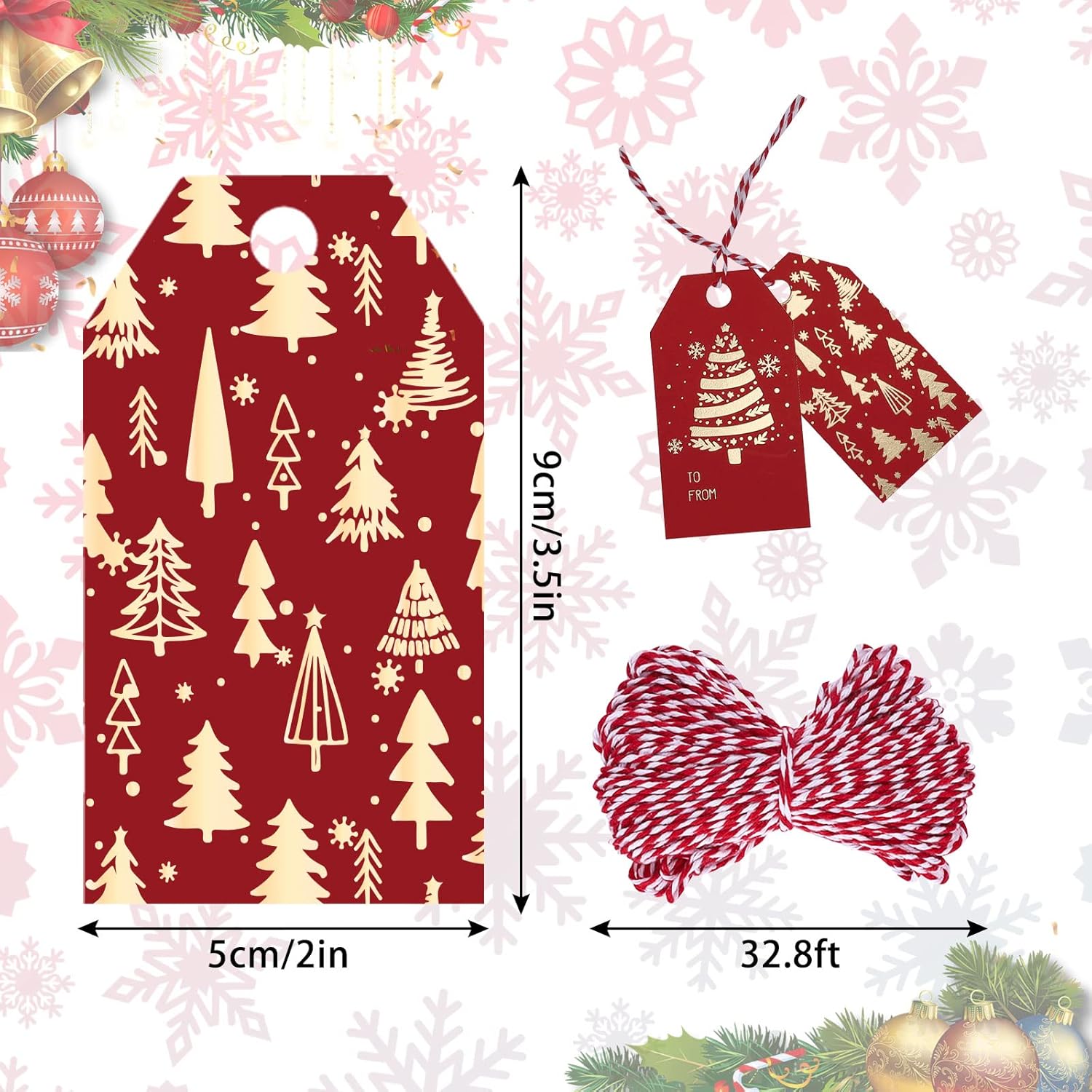 Whaline 120Pcs Christmas Gold Foil Paper Gift Tags Red Holiday Hang Name Tags with 32.8Ft Cotton Rope 10 Designs Metallic Glittery Holiday Wish Labels for for DIY Xmas Present, Xmas Party Decoration - Image 2
