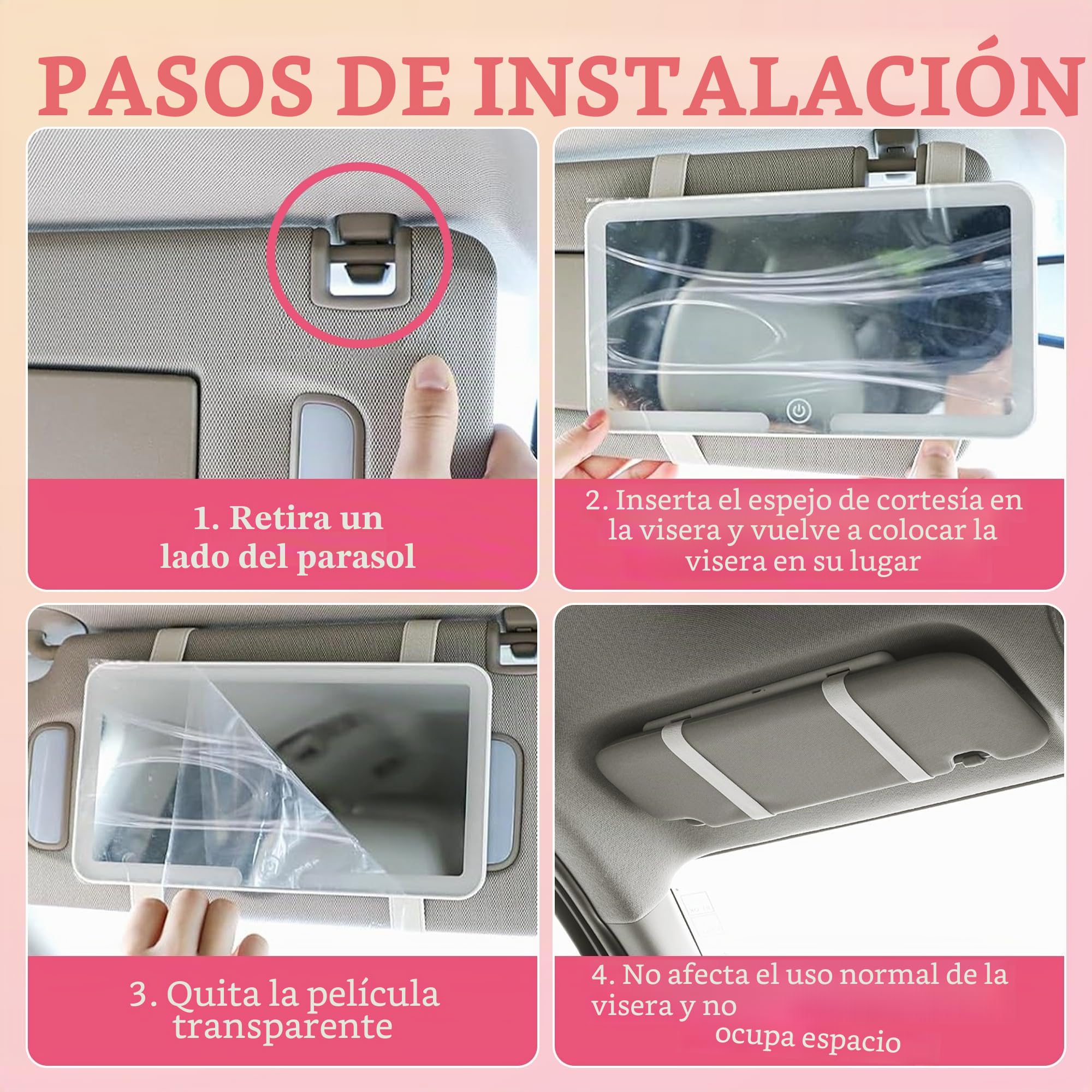 Lypumso Espejo de Maquillaje con Luz para Coche, Espejo Parasol Coche LED Universal con 3 Modos de Luz y Pantalla Táctil, Espejo de Tocador para Visera de Coche Recargable, Portátil, Blanco