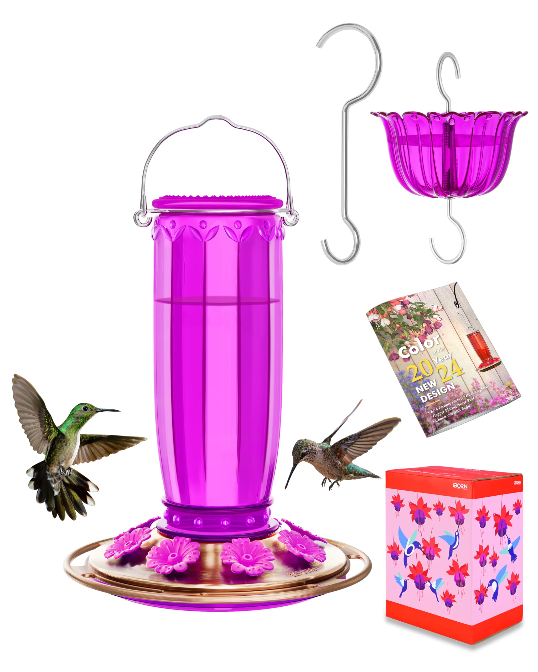 iBorn Glass Hummingbird Feeder for Outdoors Hanging Ant and Bee Proof Ant Moat 8 Feeding Ports for 16oz Hummingbird Nectar, Fuchsia Magenta, Copper Brush Cover,Pack of 1, 2024 New